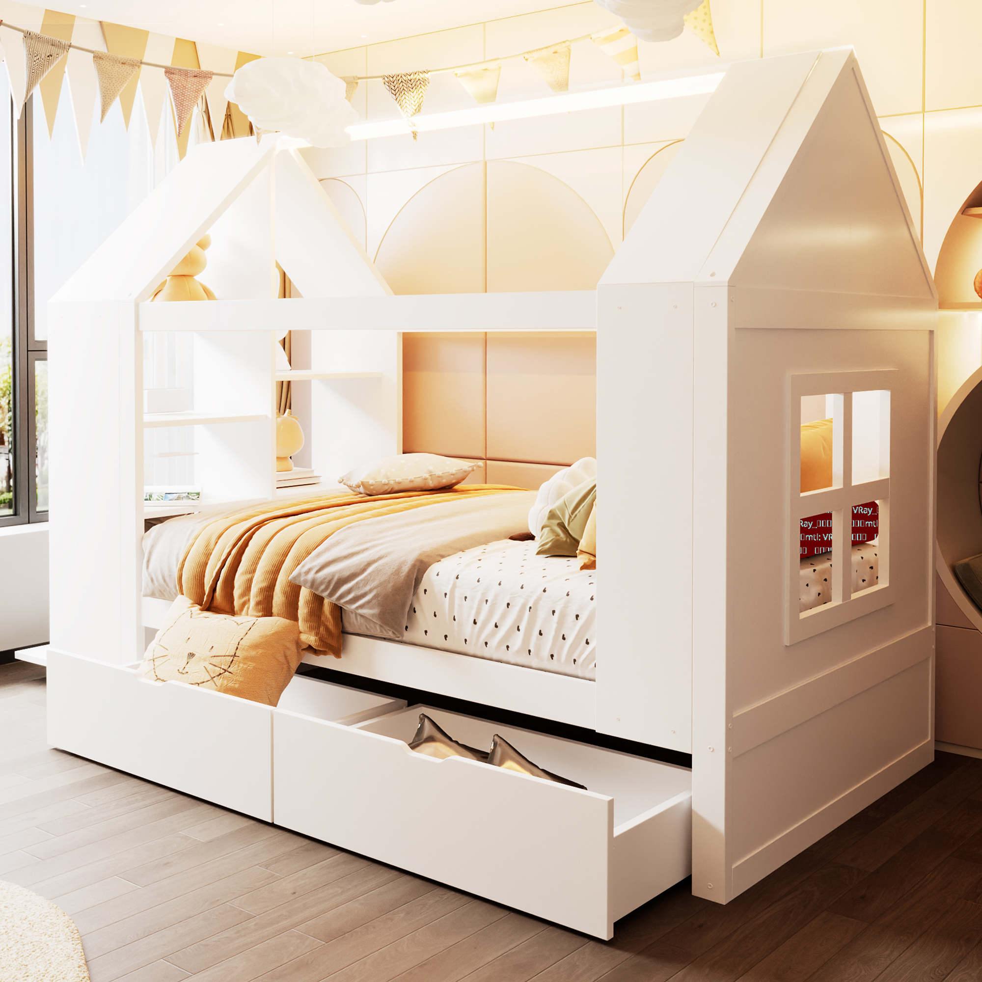 Lit cabane enfant 90 x 200 cm, 2 tiroirs, éclairage LED latéral, bois massif et MDF, blanc, 235 x 95 x 154,5 cm 🏠 - vue principale 1