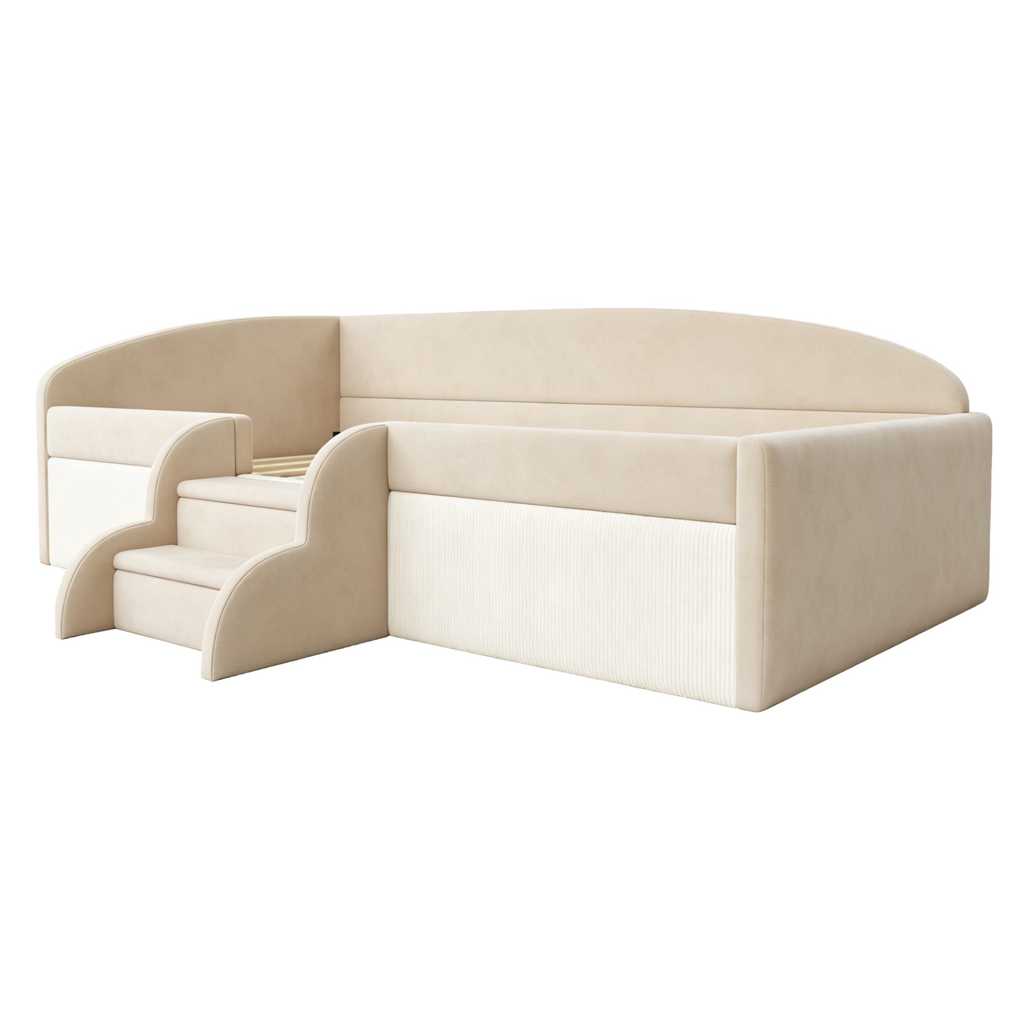 Présentation de Lit rembourré en velours 90 x 190 cm avec protection rembourrée et sommier à lattes, Beige, sans matelas