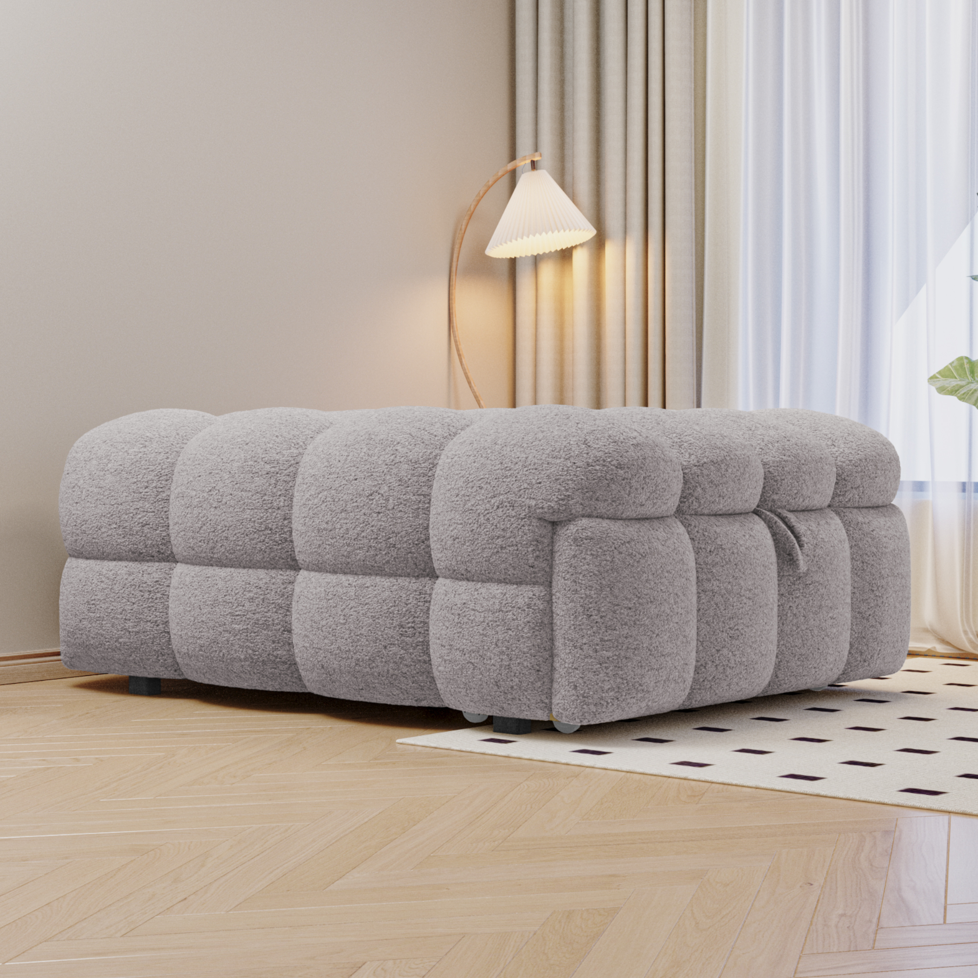 Lit pouf convertible 2-en-1 en tissu bouclé gris, - image 3