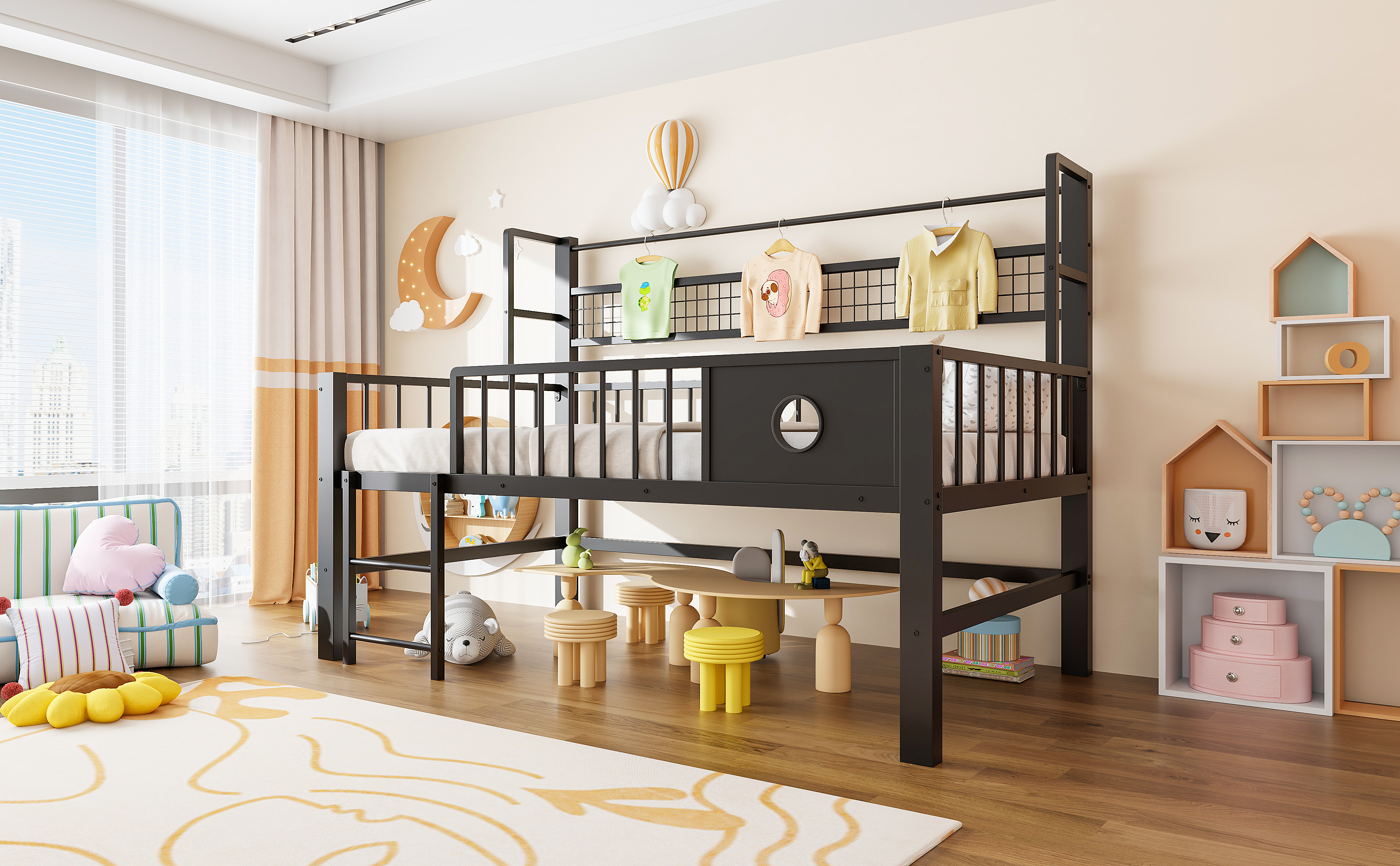 Étagère en filet et design compact du lit