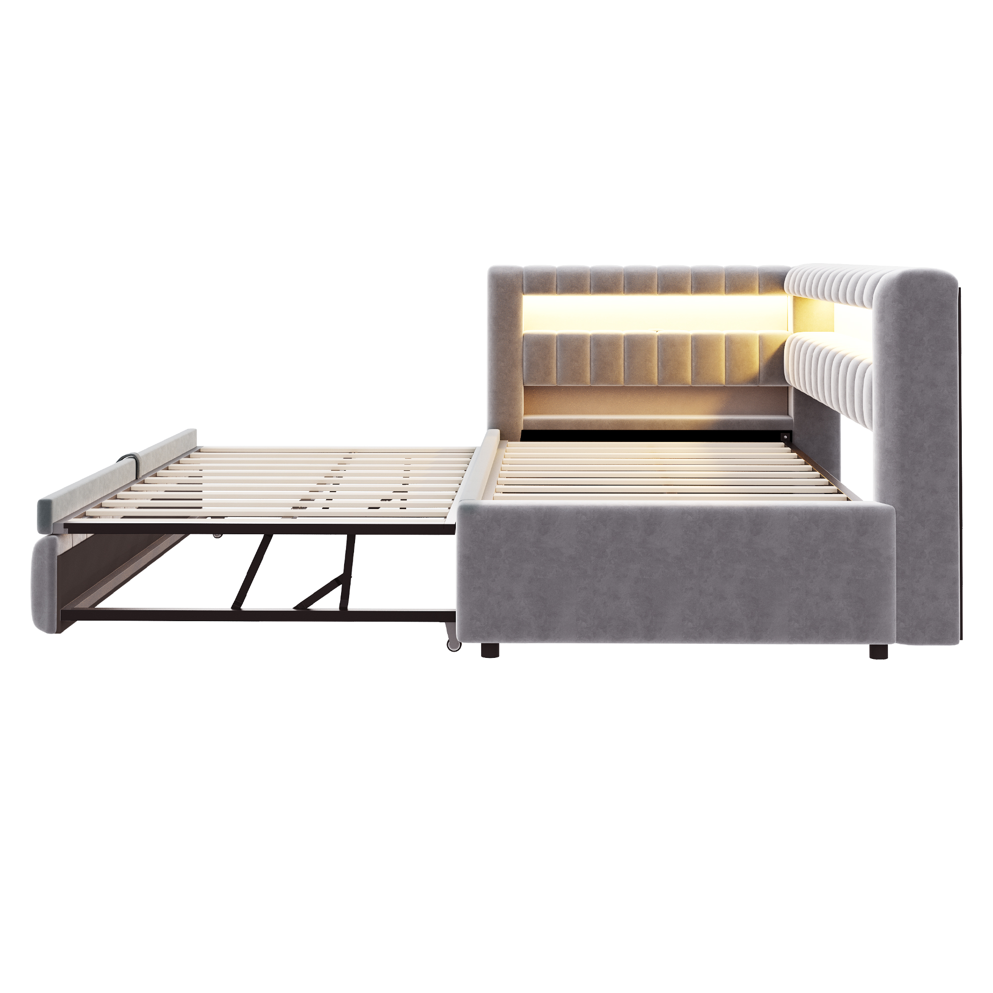 Lit banquette convertible 90x200 cm,en velours,couchage gigogne,éclairage LED,ports USB et Type-C,gris clair et gris,lit 1 place,lit avec rangement intégré