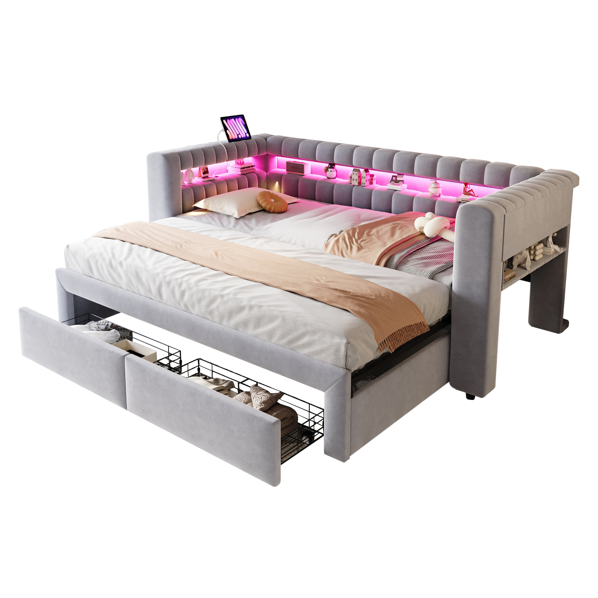Lit banquette convertible 90x190 cm extensible à 180x190 cm,en velours,couchage gigogne,éclairage LED,ports USB et Type-C,gris clair et gris,lit 1 place,lit avec rangement intégré