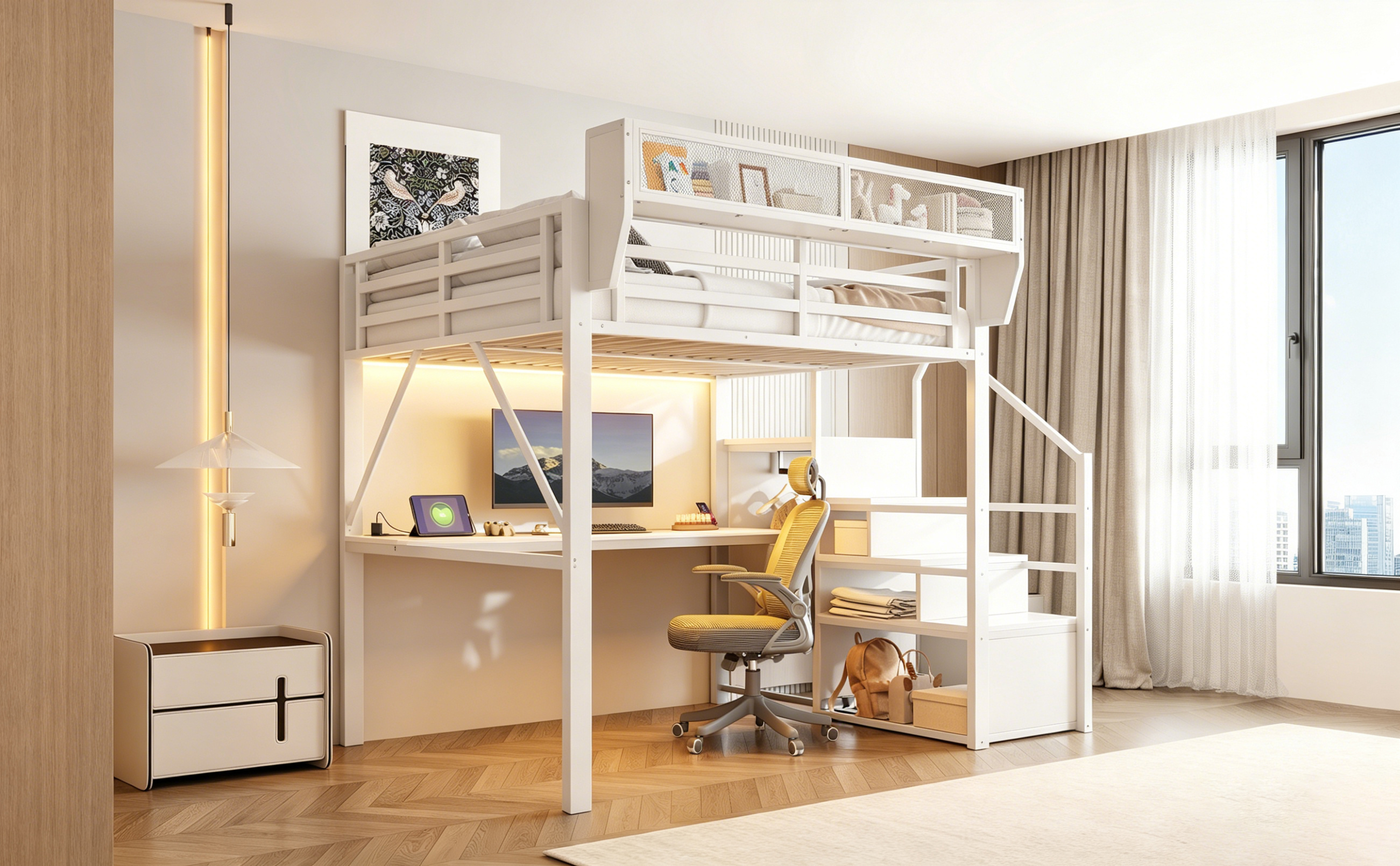 Lit mezzanine blanc 140x200 cm avec bureau intégré, rangements et éclairage LED