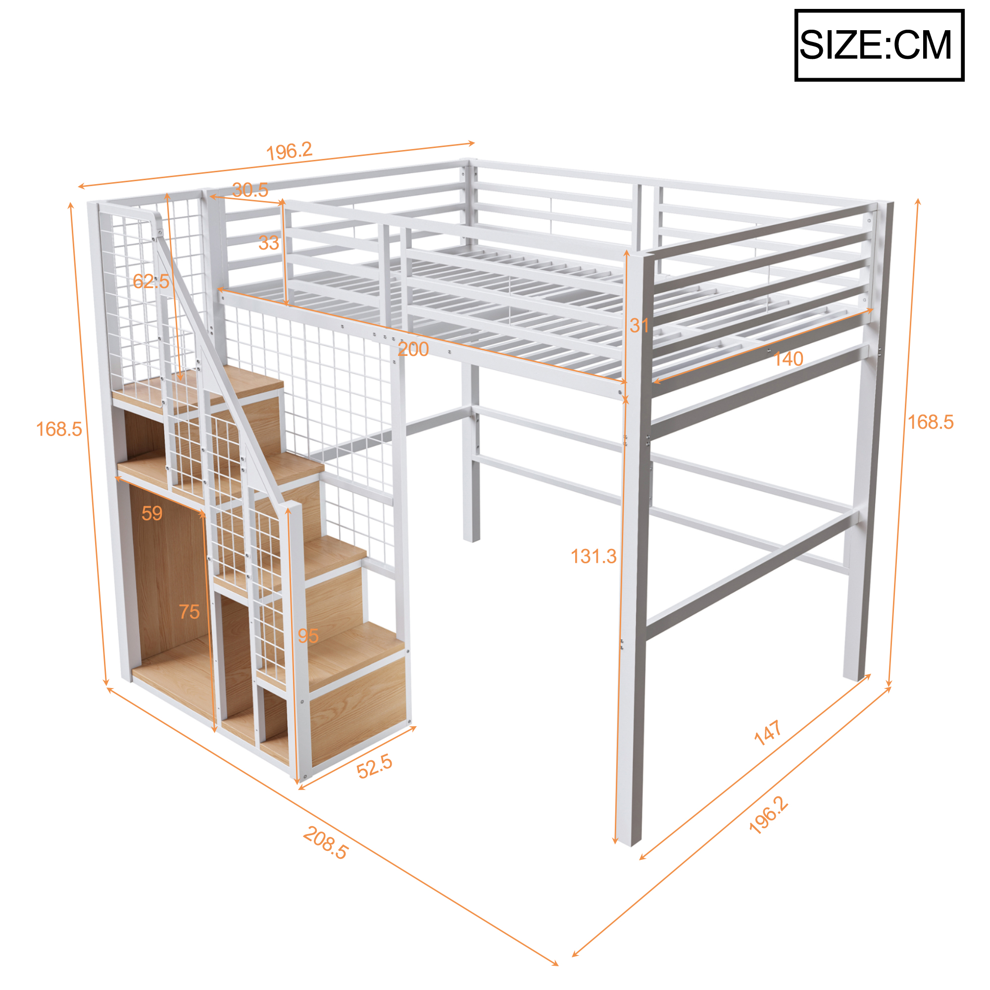 Lit mezzanine en métal 140 x 200 cm avec rangement penderie, escalier et espace inférieur blanc vue détaillée
