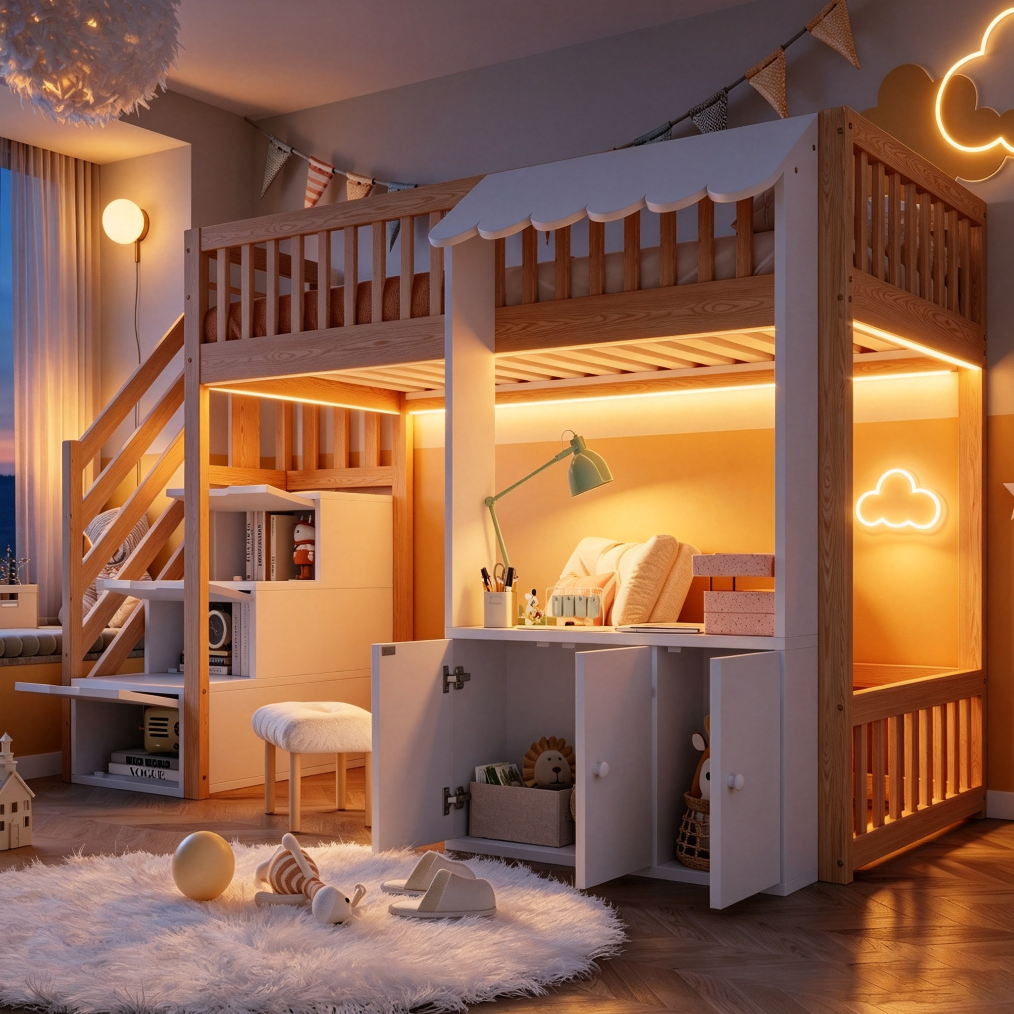 Lit mezzanine 90 x 200 cm, escalier de rangement, baldaquin, éclairage LED sous le couchage, espace sous le lit aménageable, bois de pin, effet bois naturel, 253 x 108,9 x 139 cm - vue principale 1