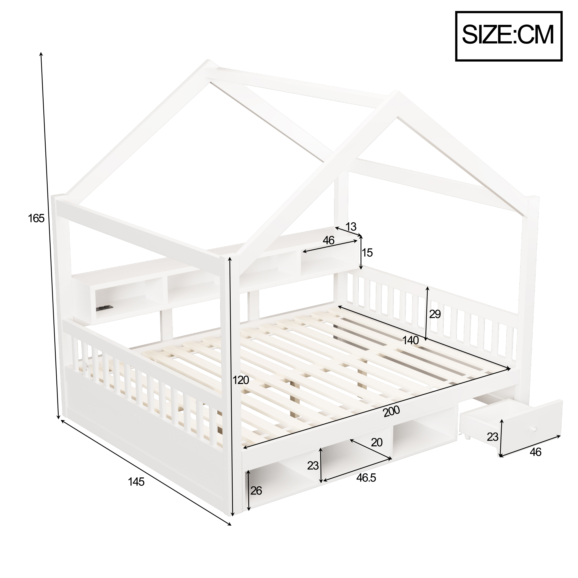 Fonctions lit cabane 140x200 cm blanc avec rangement LED et tiroirs
