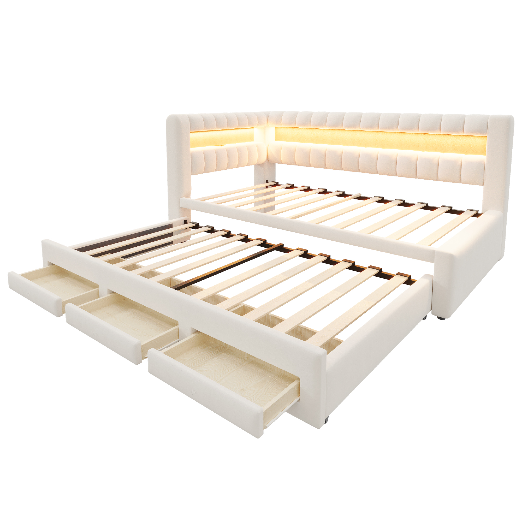 Lit banquette convertible 90x190 cm,en velours,couchage gigogne,éclairage LED,ports USB et Type-C,beige,lit 1 place,lit avec rangement intégré