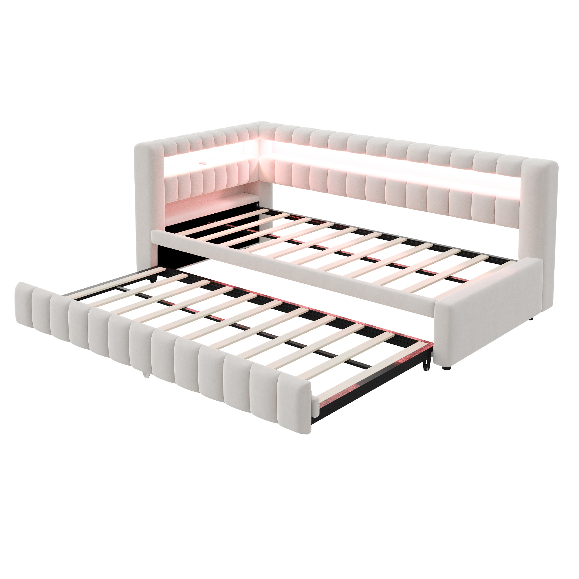 Lit banquette convertible 90x200 cm,en velours,couchage gigogne,éclairage LED,ports USB et Type-C,beige,lit 1 place,lit avec rangement intégré