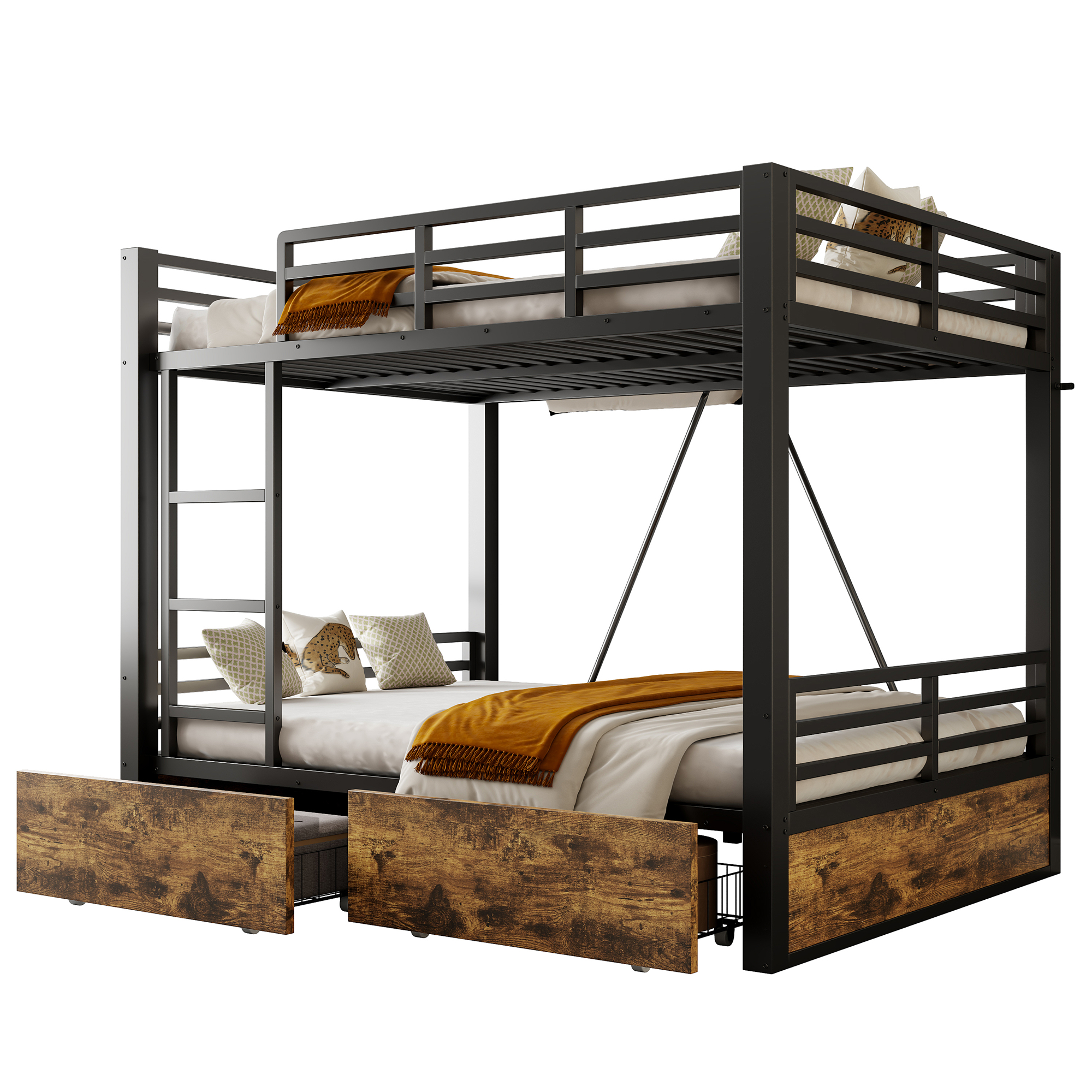Lit superposé gain de place 204x148x164 cm en métal + bois Noir - points forts 1