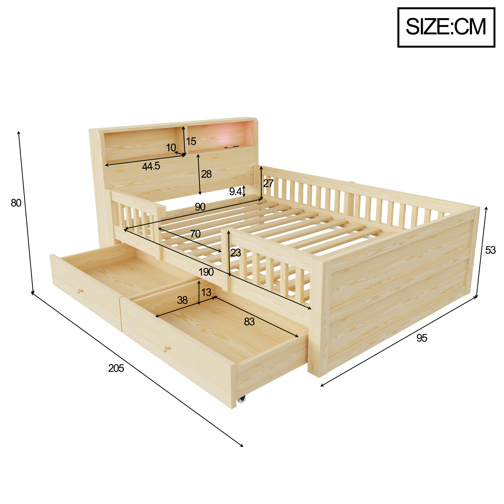 Lit enfant 90 x 190 cm, 2 tiroirs, éclairage LED intégré à la tête de lit, USB et USB-C, bois de pin, effet bois naturel, 205 x 95 x 80 cm - vue complémentaire 1