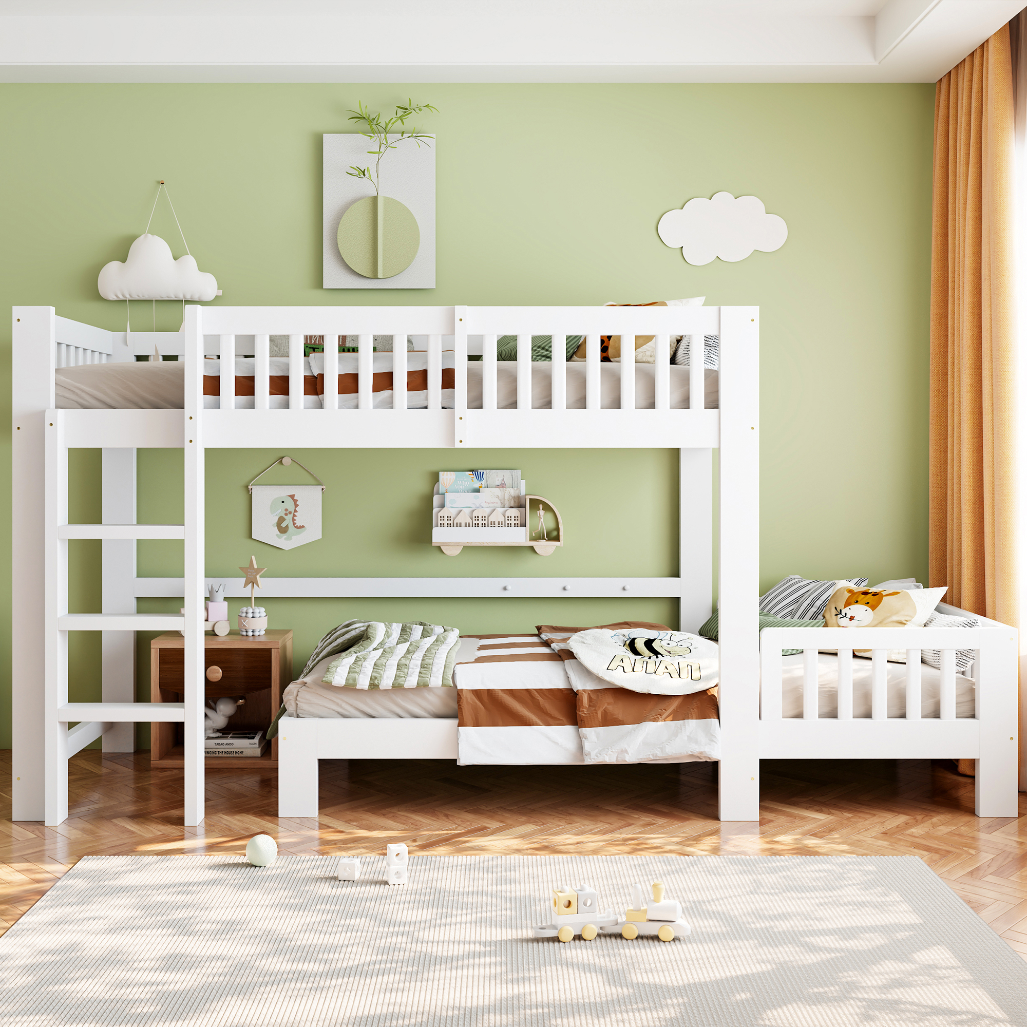 Ensemble de lits enfant modulaires blanc 90 x 200 cm avec lit mezzanine et lit simple