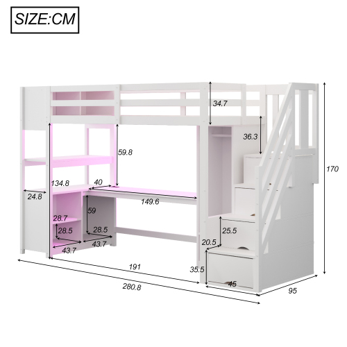 Dimensions du lit mezzanine 90x200 cm avec bureau et armoire