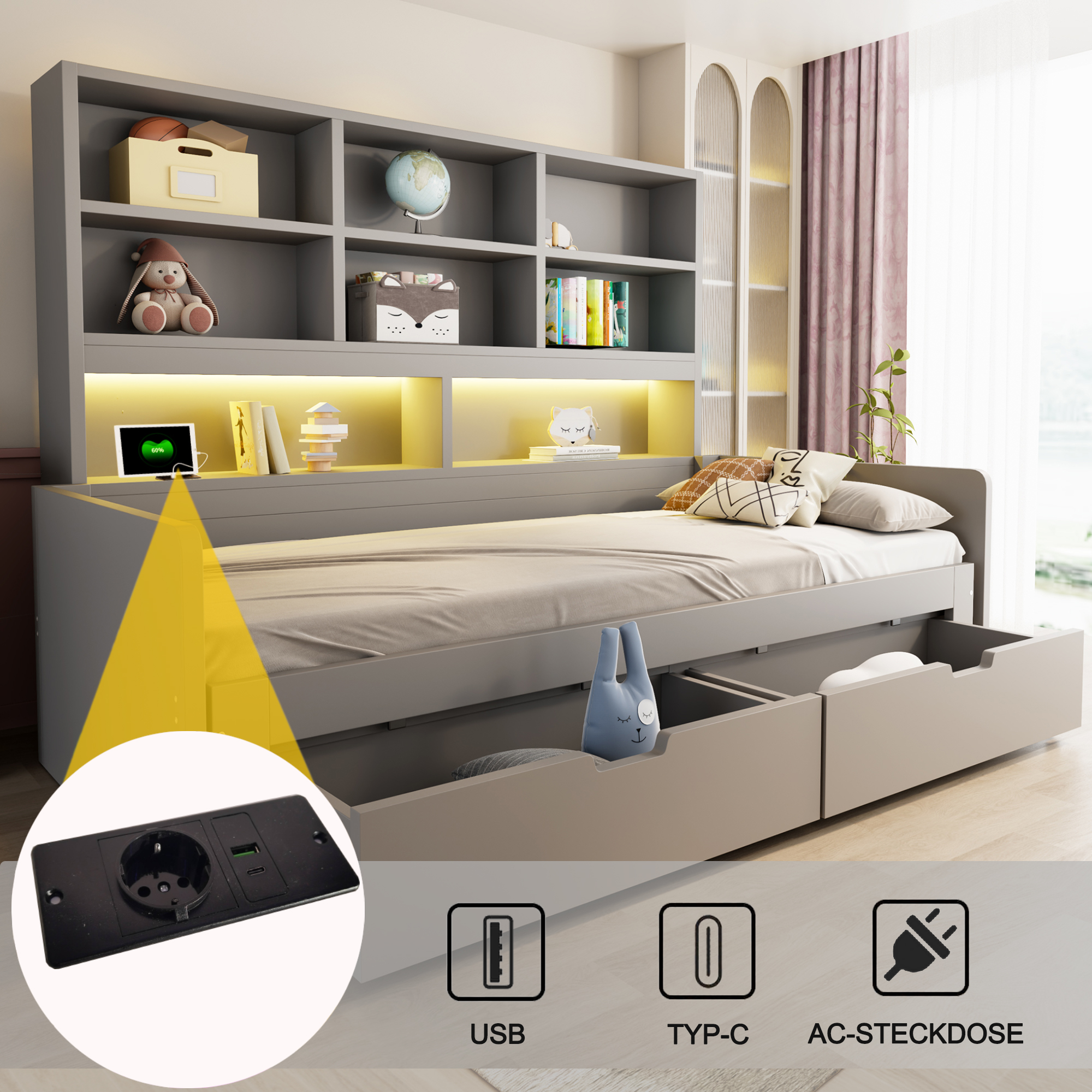 Lit banquette extensible gris avec bibliothèque intégrée, prise électrique, ports USB-A et USB-C et deux tiroirs de rangement