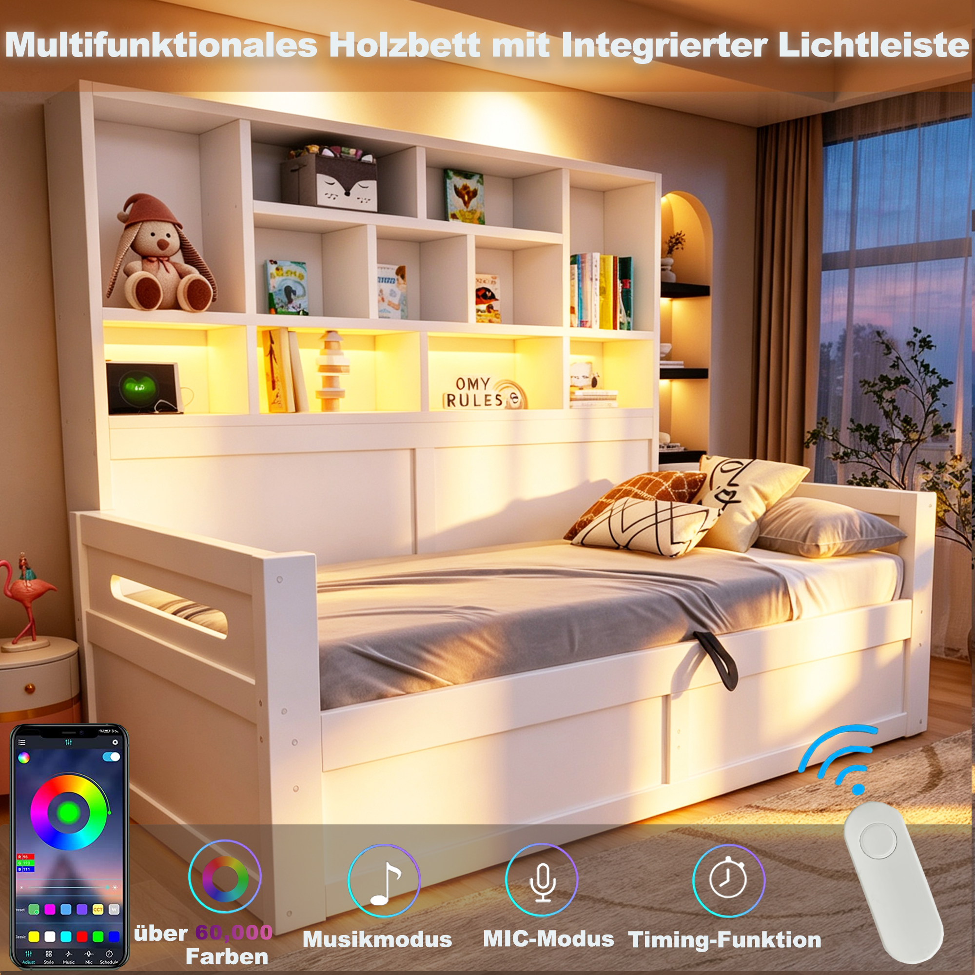 Lit 90×200 cm – Rangement Hydraulique & Éclairage LED – Dimensions et caractéristiques du couchage
