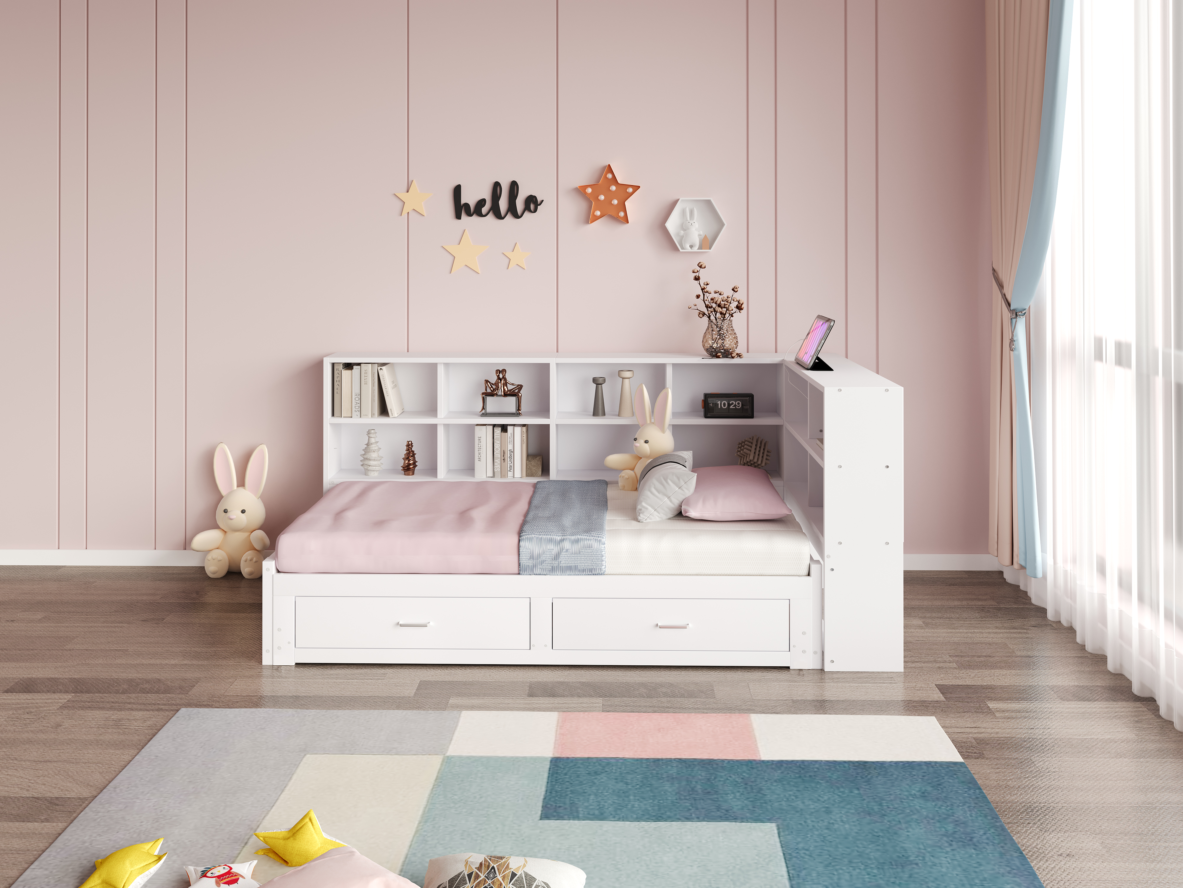 Canapé-lit en bois massif escamotable 90→180×190 cm, prise multifonction, étagères tête + 2 tiroirs, pour salon et chambre, beaucoup de rangement, couchage spacieux, recharge au lit, design moderne, stabilité, fonctionnalité - image 20