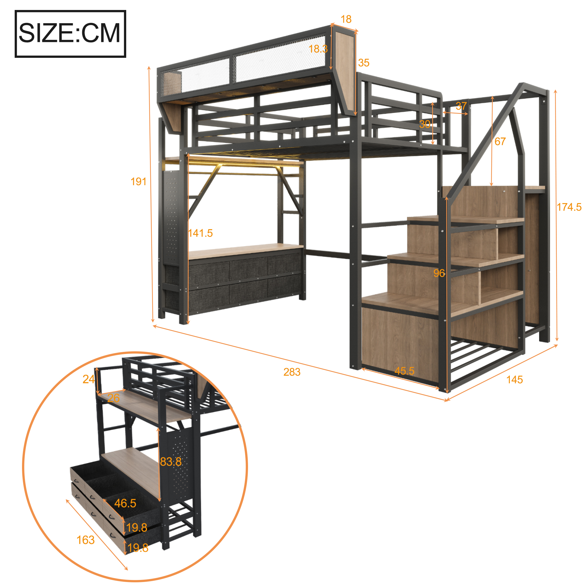 Lit mezzanine gain de place 283x145x191 cm en métal Noir - vue complémentaire 1