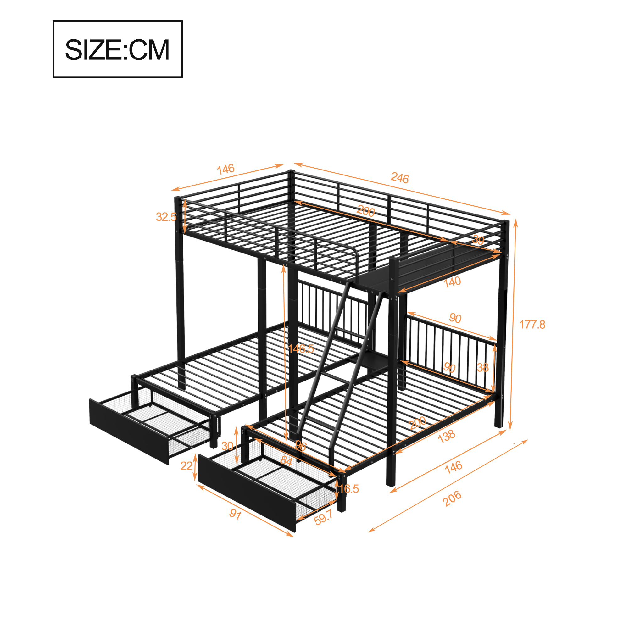 Lit triple 140×200 + 2×90×200 cm, 2 tiroirs escamotables, divisible en 3 lits séparés, barrières continues, pour famille et invités, gain de place vertical, stabilité, sécurité, fonctionnalité, durabilité - image 10