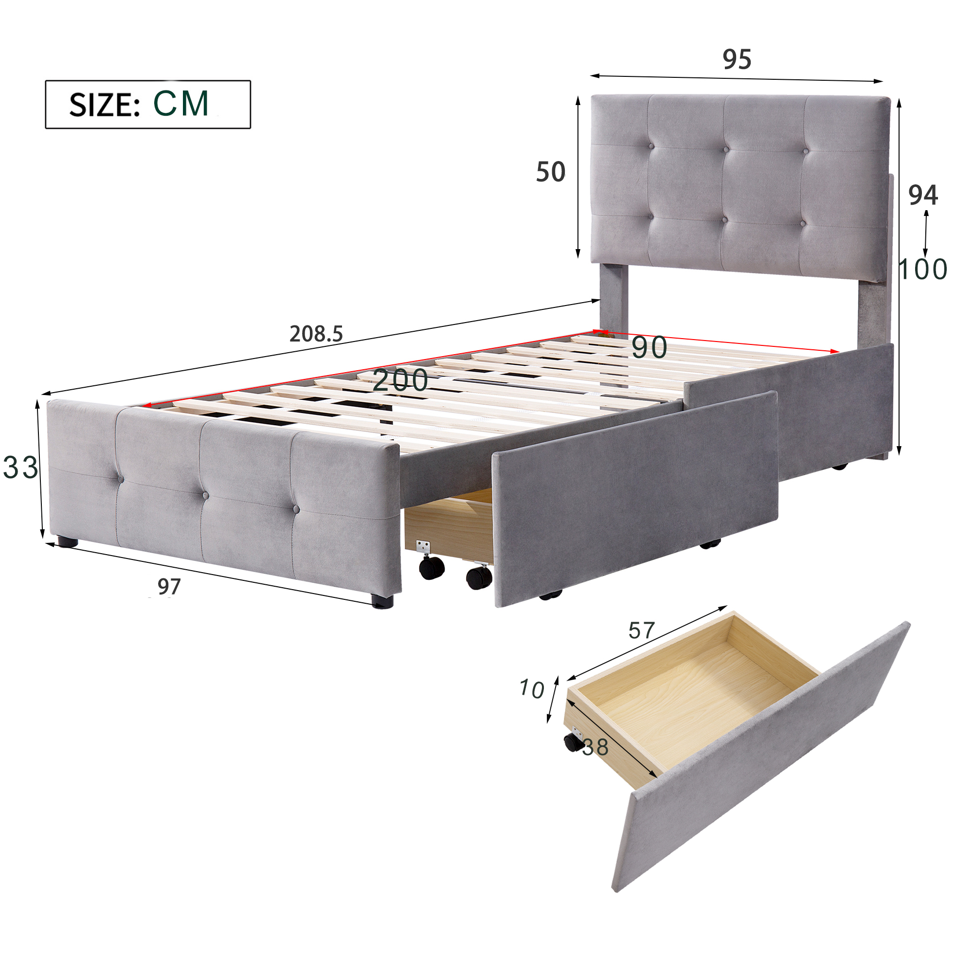Lit plateforme classique avec tiroir, velours, cadre acier interne, pour enfant, ado et invité, pas de sommier nécessaire, rangement supplémentaire, design intemporel, confort et durabilité, style classique - image 17