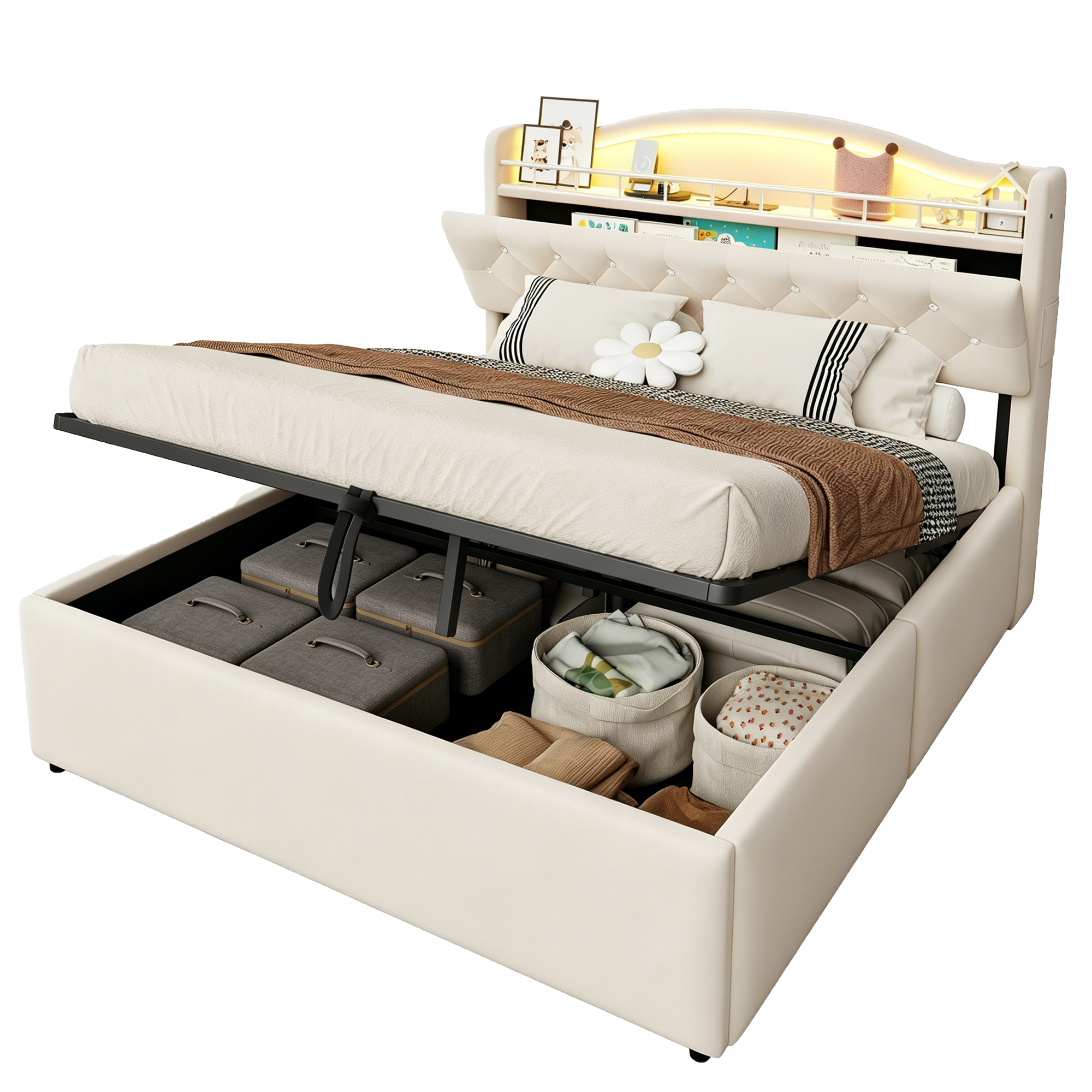 Détails de Lit coffre rembourré en velours 140 x 200 cm avec rangement hydraulique, LED, ports USB-C et tête de lit avec rangement, Beige