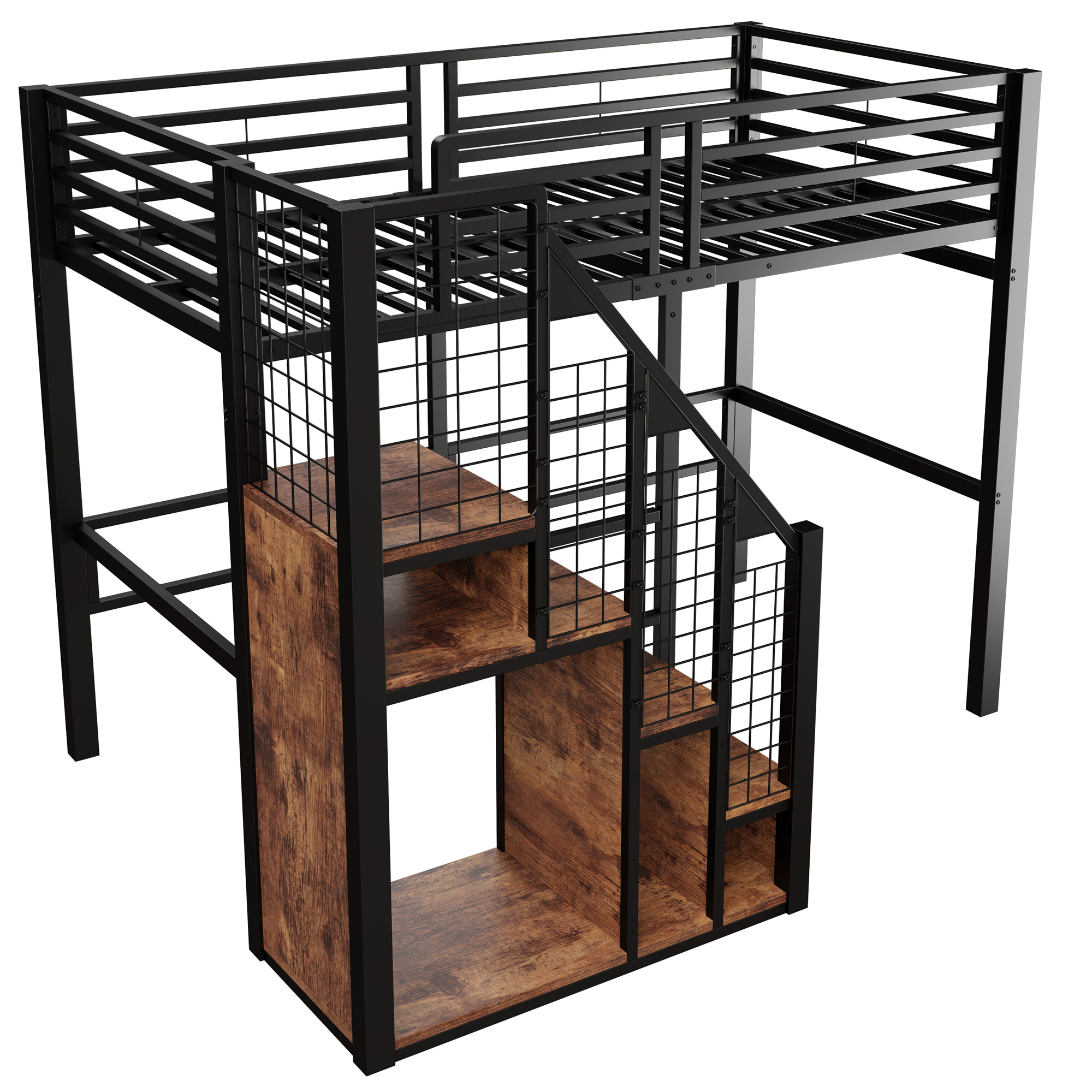 Lit mezzanine en métal 90 x 200 cm avec rangement penderie, escalier et espace inférieur noir en situation