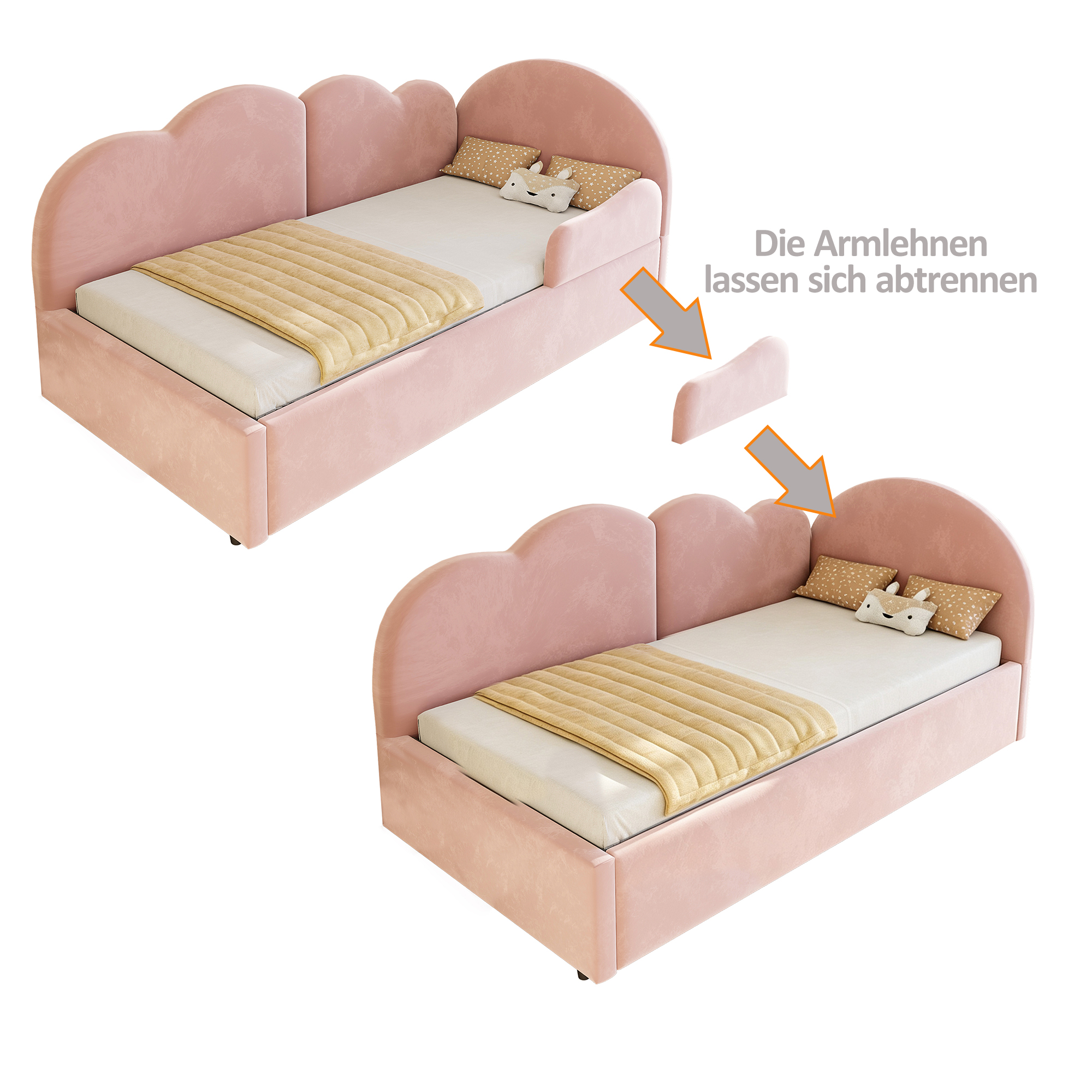 Lit gigogne 90 x 200 cm avec couchage gigogne 90 x 190 cm avec LED, structure rembourrée, Rose - dimensions et détails