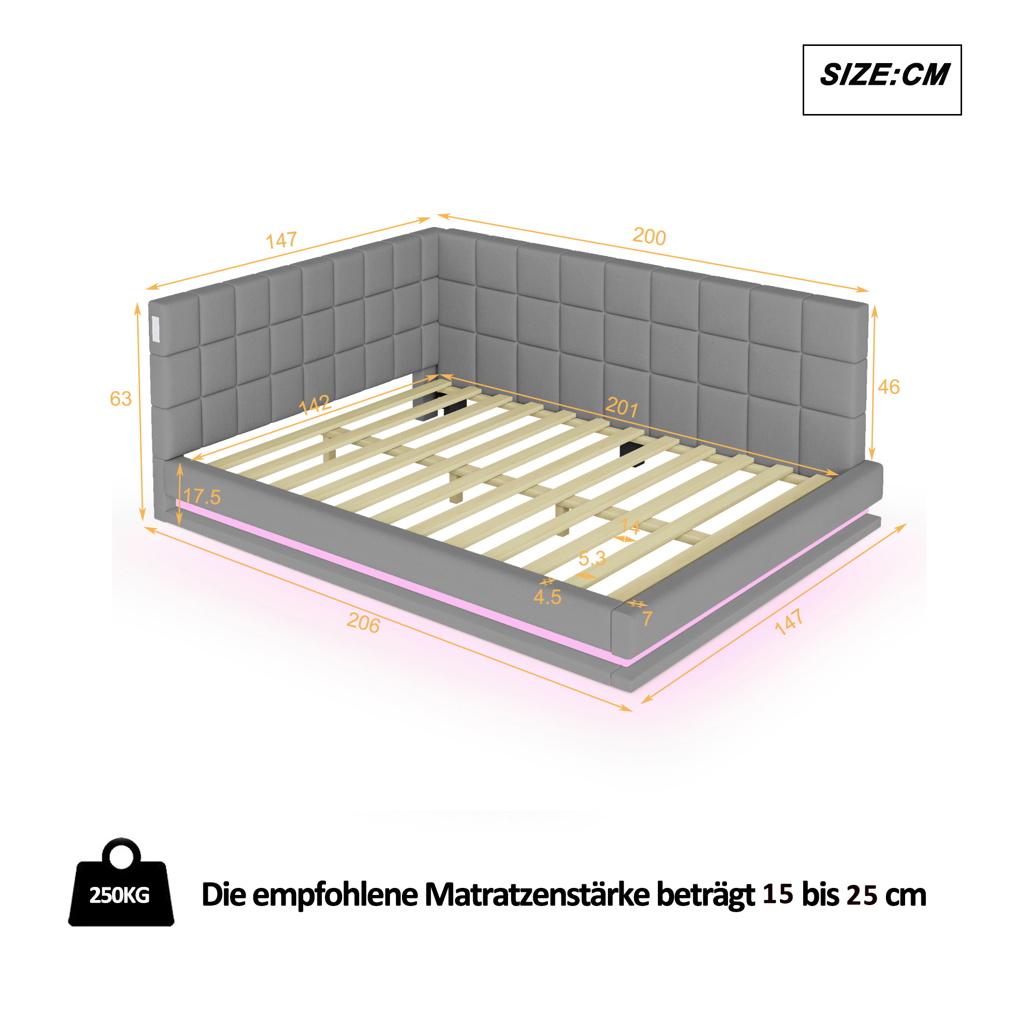 Lit canapé 140x200 lin gris LED