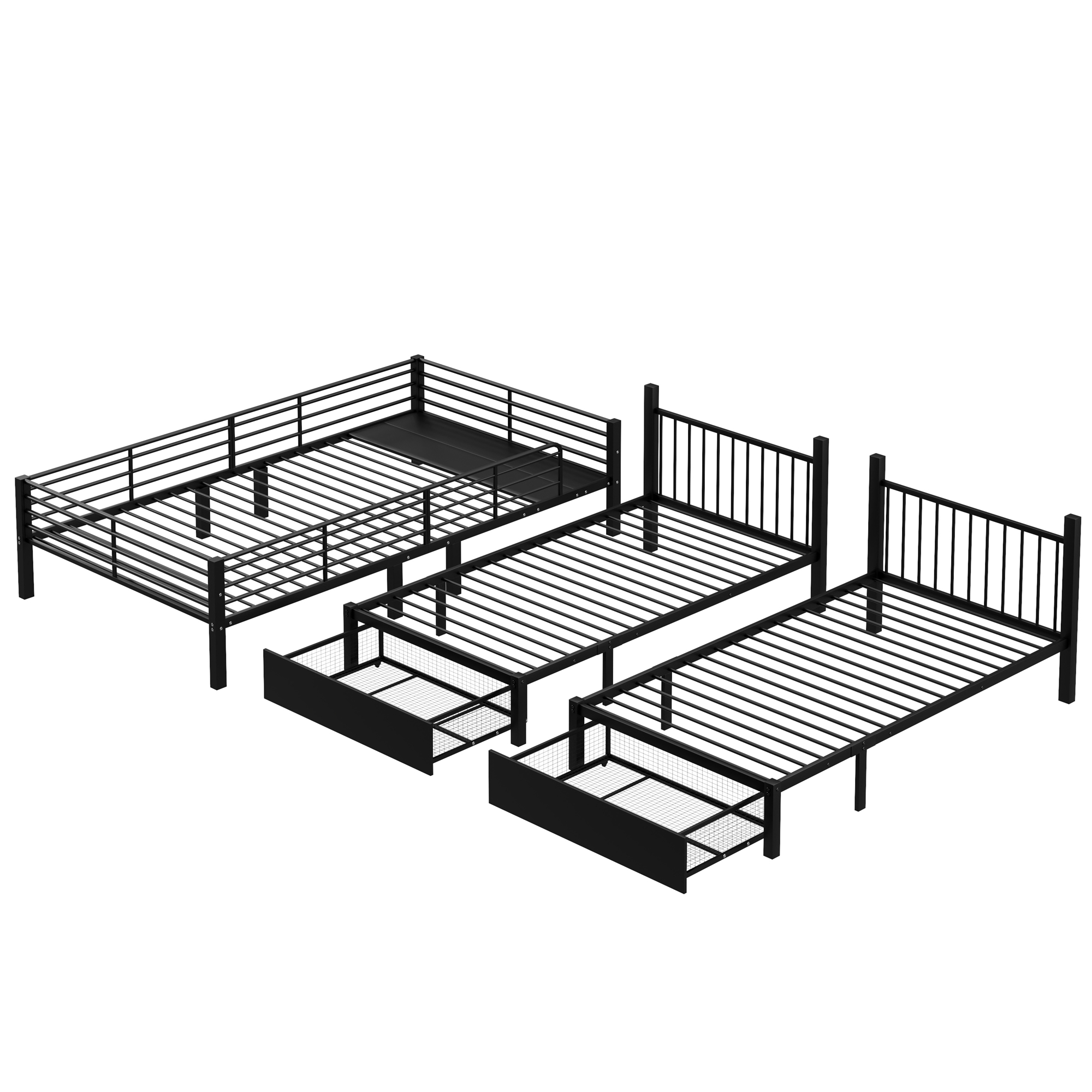 Lit triple 140×200 + 2×90×200 cm, 2 tiroirs escamotables, divisible en 3 lits séparés, barrières continues, pour famille et invités, gain de place vertical, stabilité, sécurité, fonctionnalité, durabilité - image 15