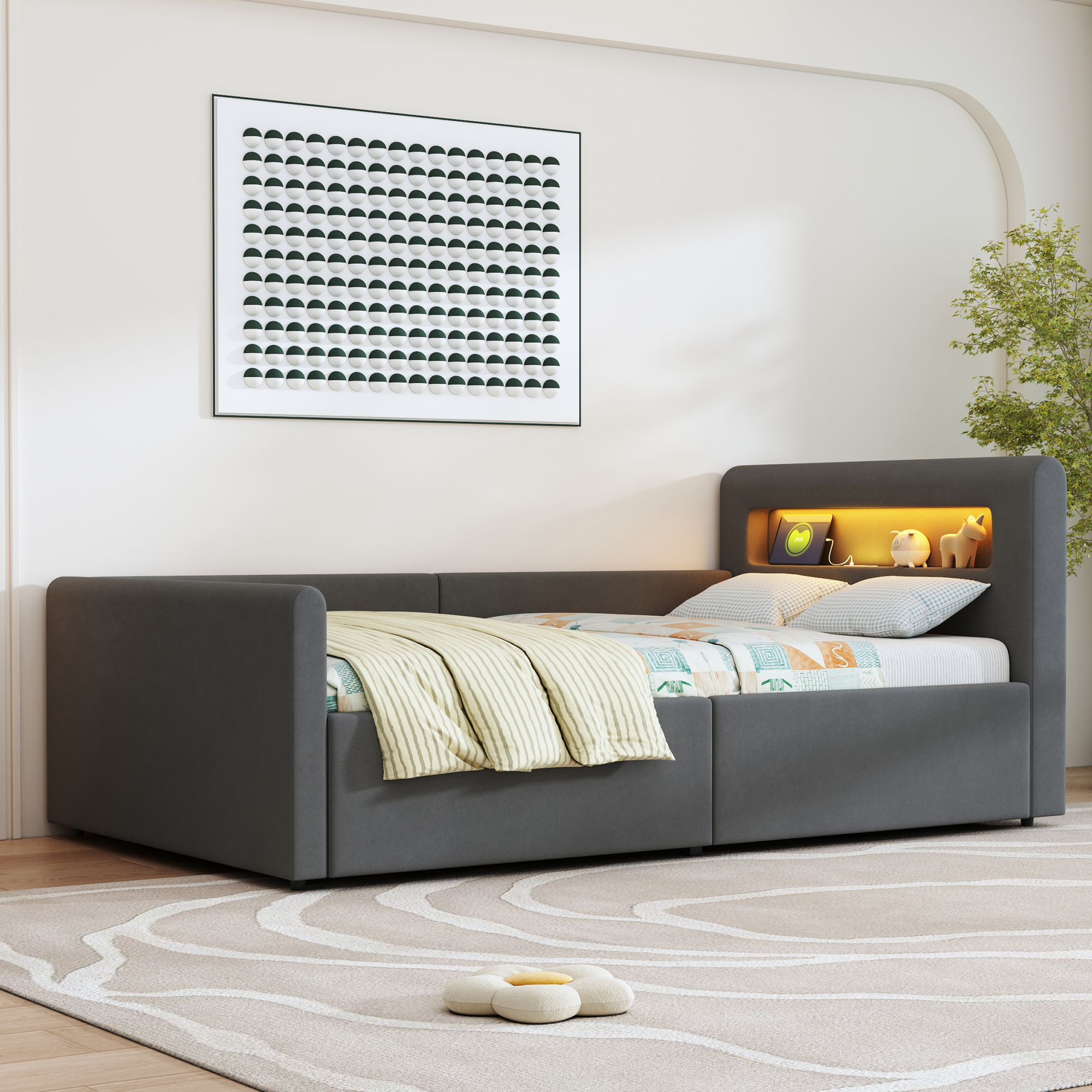 Lit enfant rembourré en tissu velours doux
