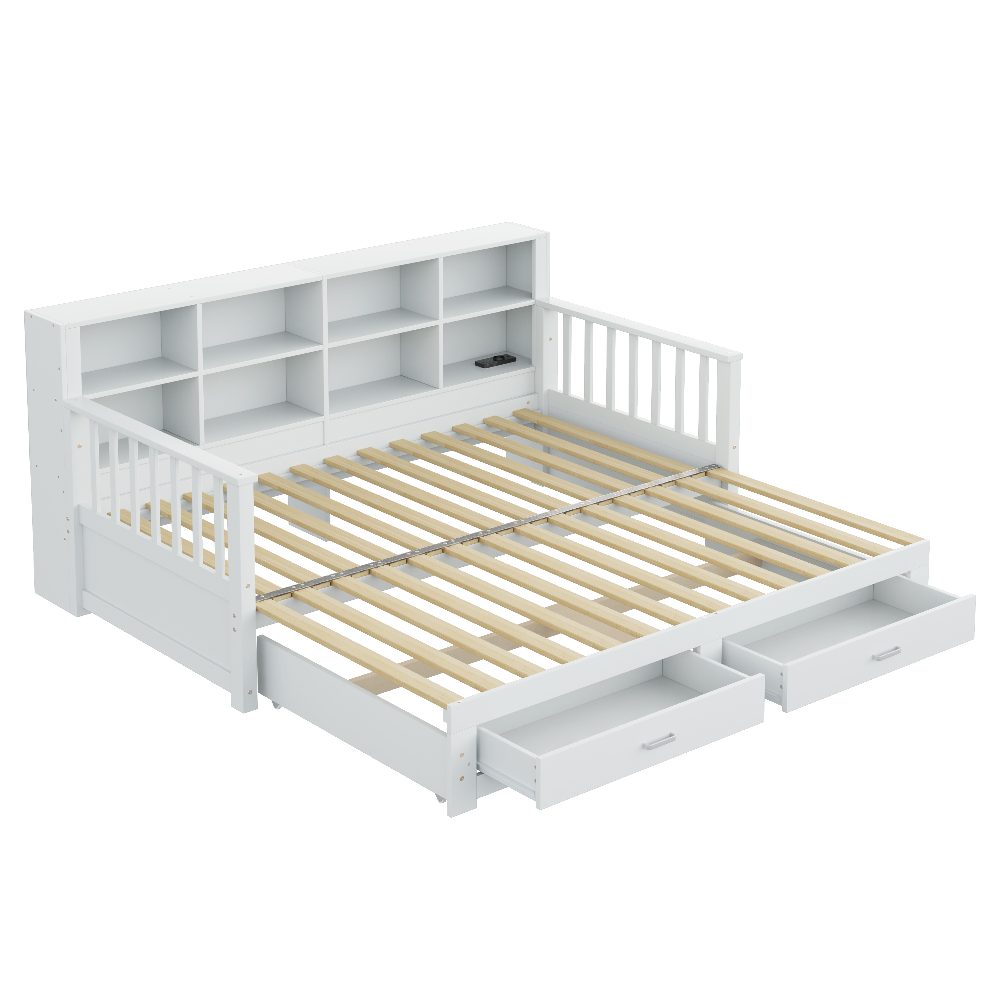Canapé-lit en bois escamotable 90×190 à 180×190 cm, rangement dossier, prise, tiroir, pour chambre, conversion facile, beaucoup de stockage, recharge au lit, design multifonction, style pratique moderne - image 9