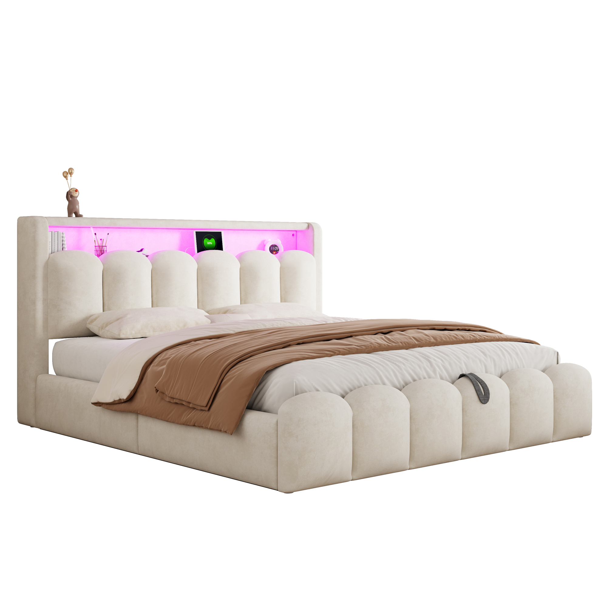 Lit design moderne velours beige avec éclairage LED