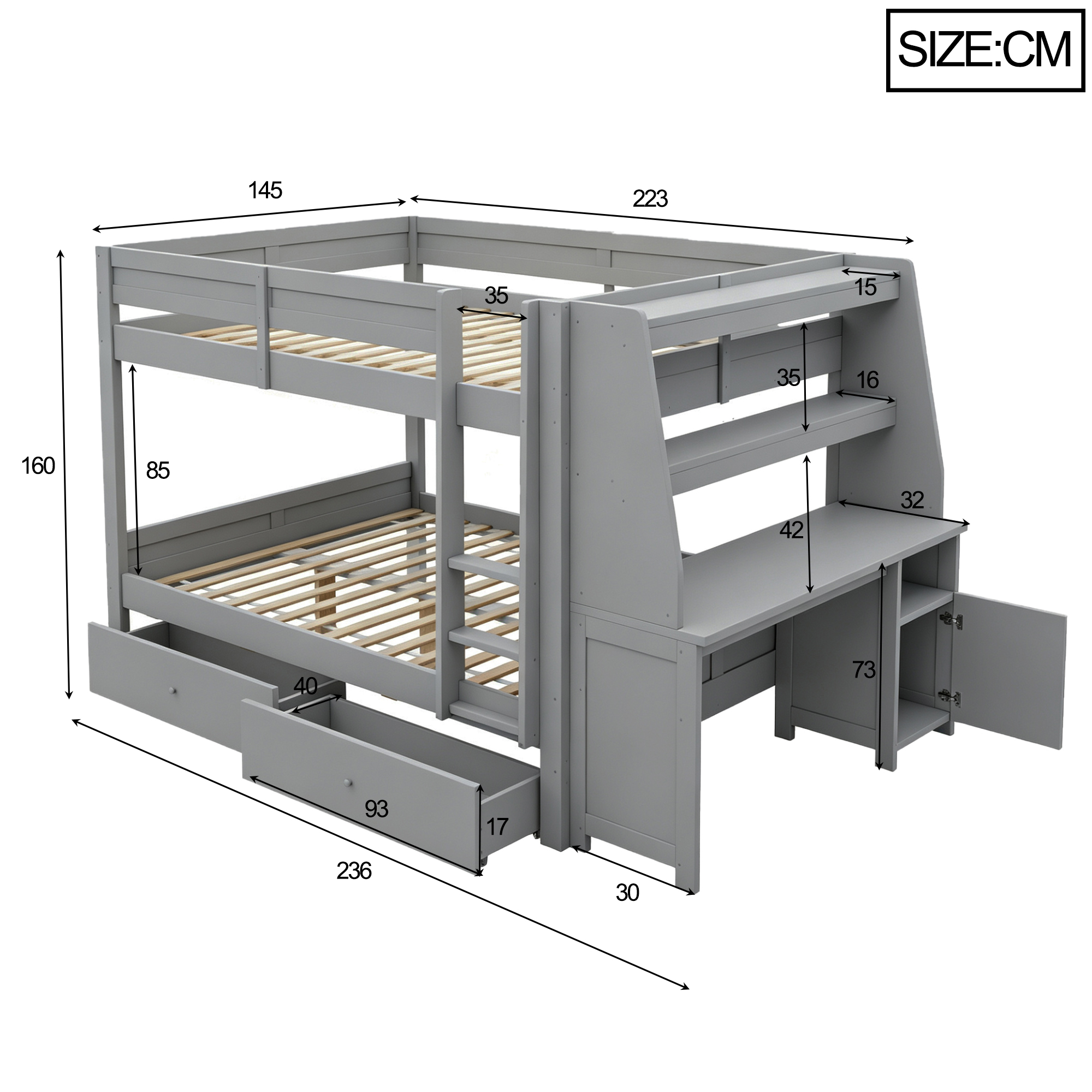 Dimensions et fonctions de Lit mezzanine en bois 140 x 200 cm avec bureau, tiroirs, rangements et barrières de sécurité, Gris