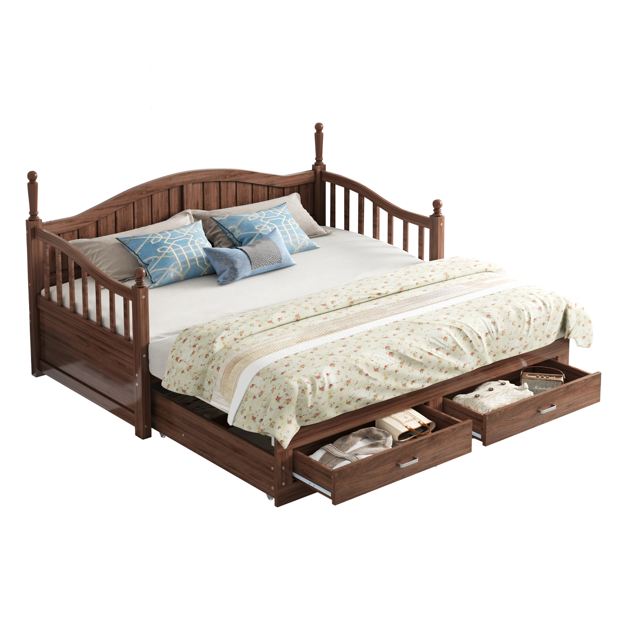 Canapé-lit en bois massif escamotable 90×190→180×190 cm, 2 tiroirs, dossier courbé élégant, accoudoirs arrondis, pour salon et chambre, utilisation polyvalente, beaucoup de rangement, design classique, stabilité, durabilité - image 7