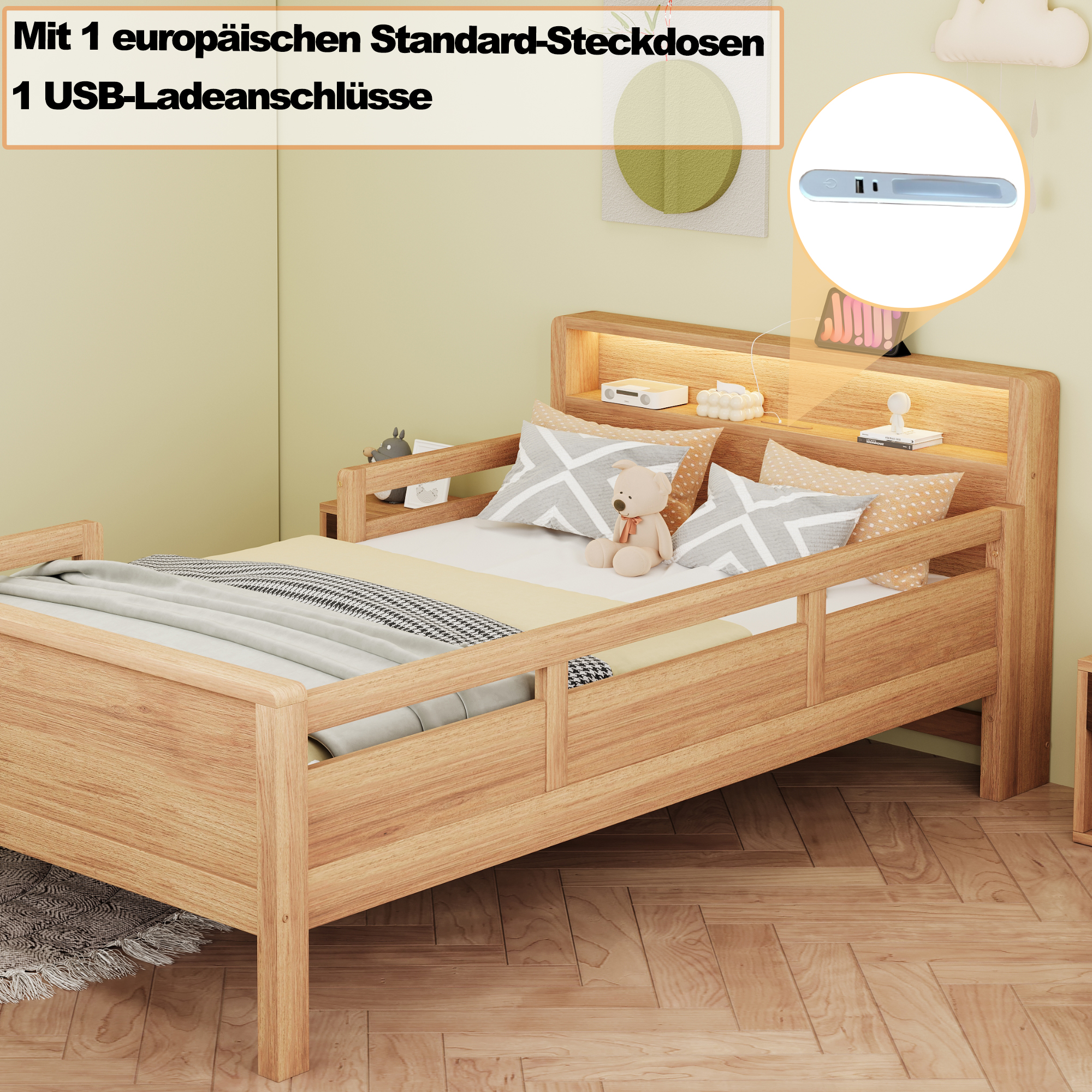Lit enfant 90 x 200 cm, éclairage LED intégré à la tête de lit, USB et USB-C, rangements intégrés, bois de pin, effet bois naturel, 213 x 95 x 80 cm - spécifications 1