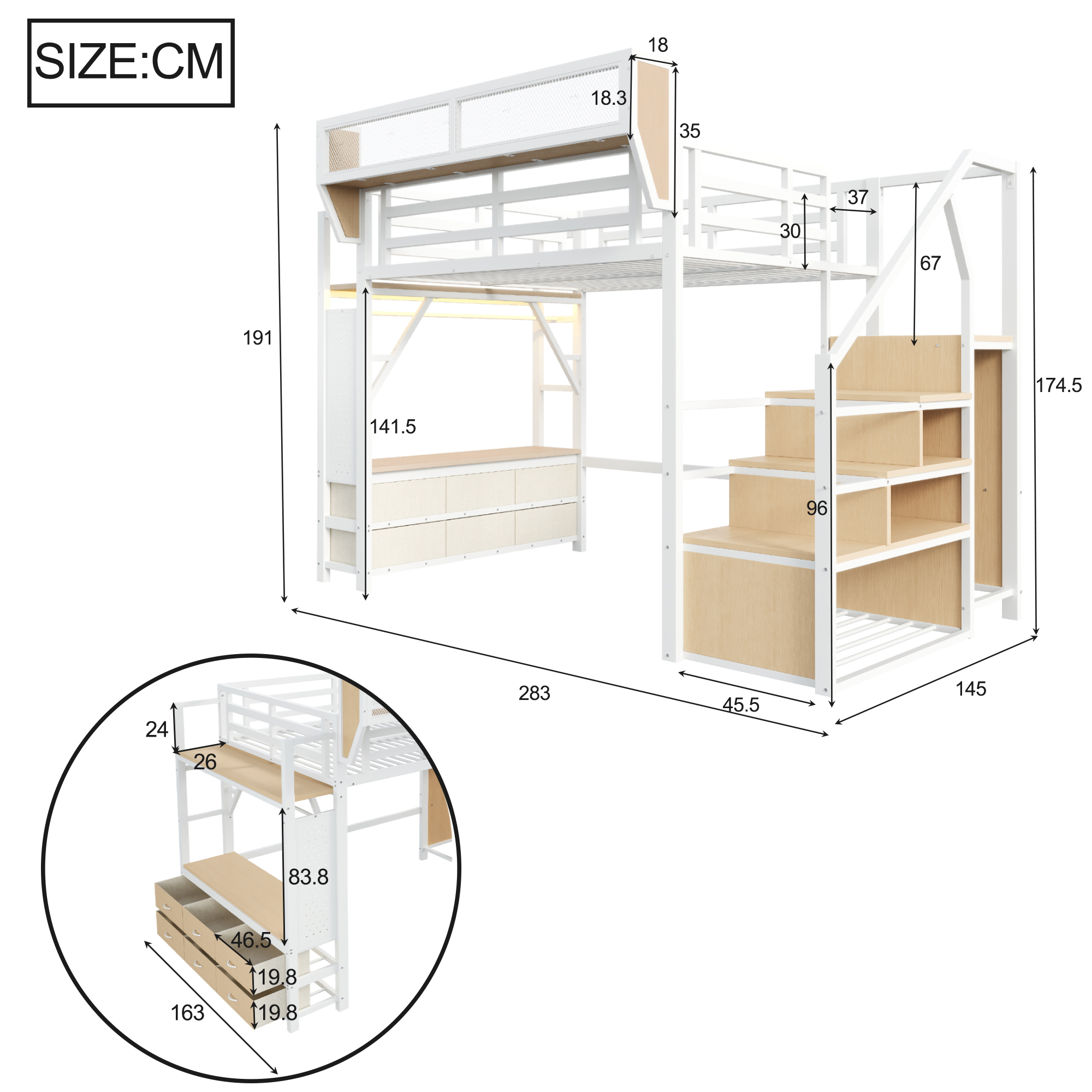 Lit mezzanine gain de place 283x145x191 cm en métal Blanc - vue complémentaire 1