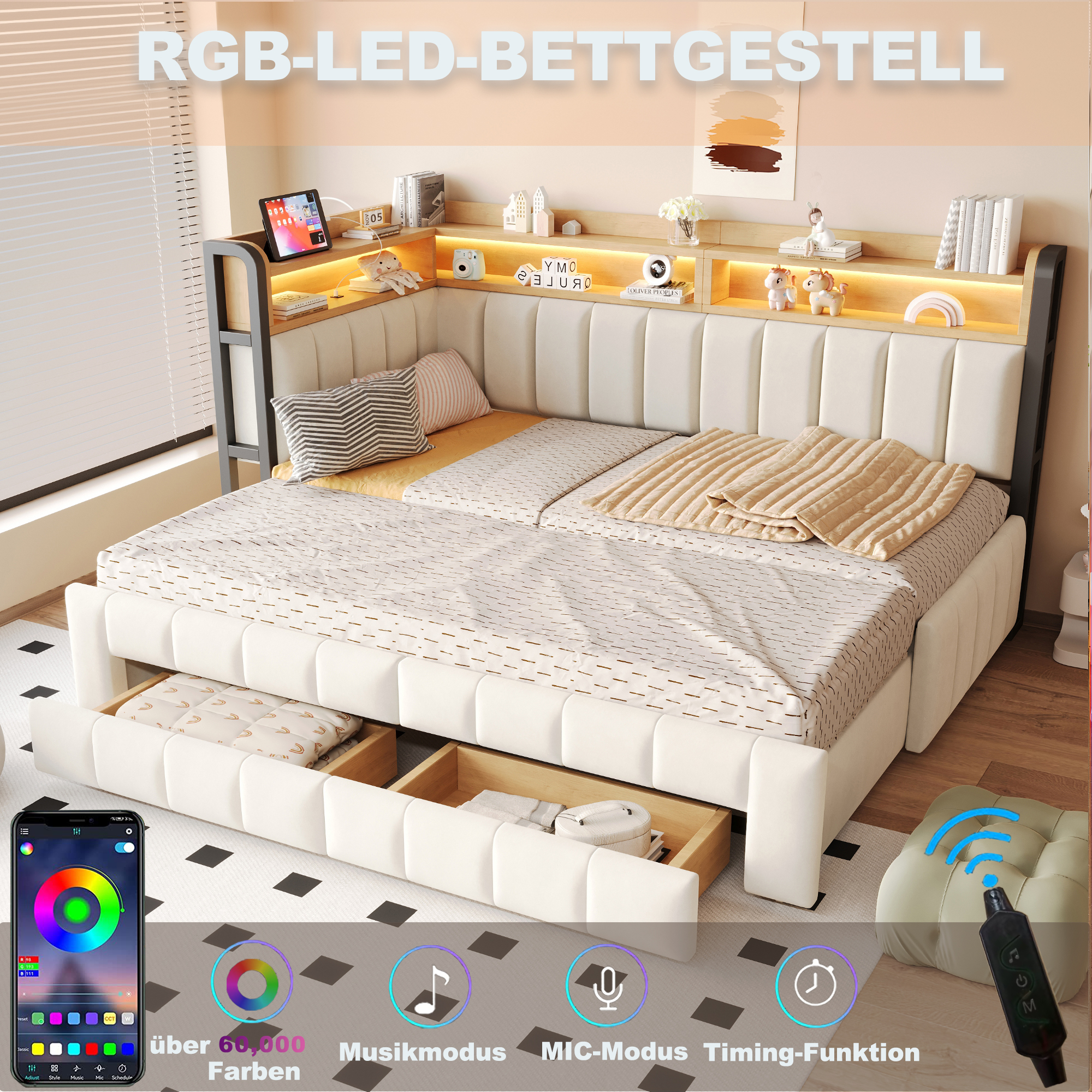 Lit banquette rembourré 90 x 200 cm, lit gigogne, 2 tiroirs, éclairage LED intégré à la tête de lit, port USB, velours, beige, 211 x 105 x 90 cm 🛏️↔ - spécifications 1