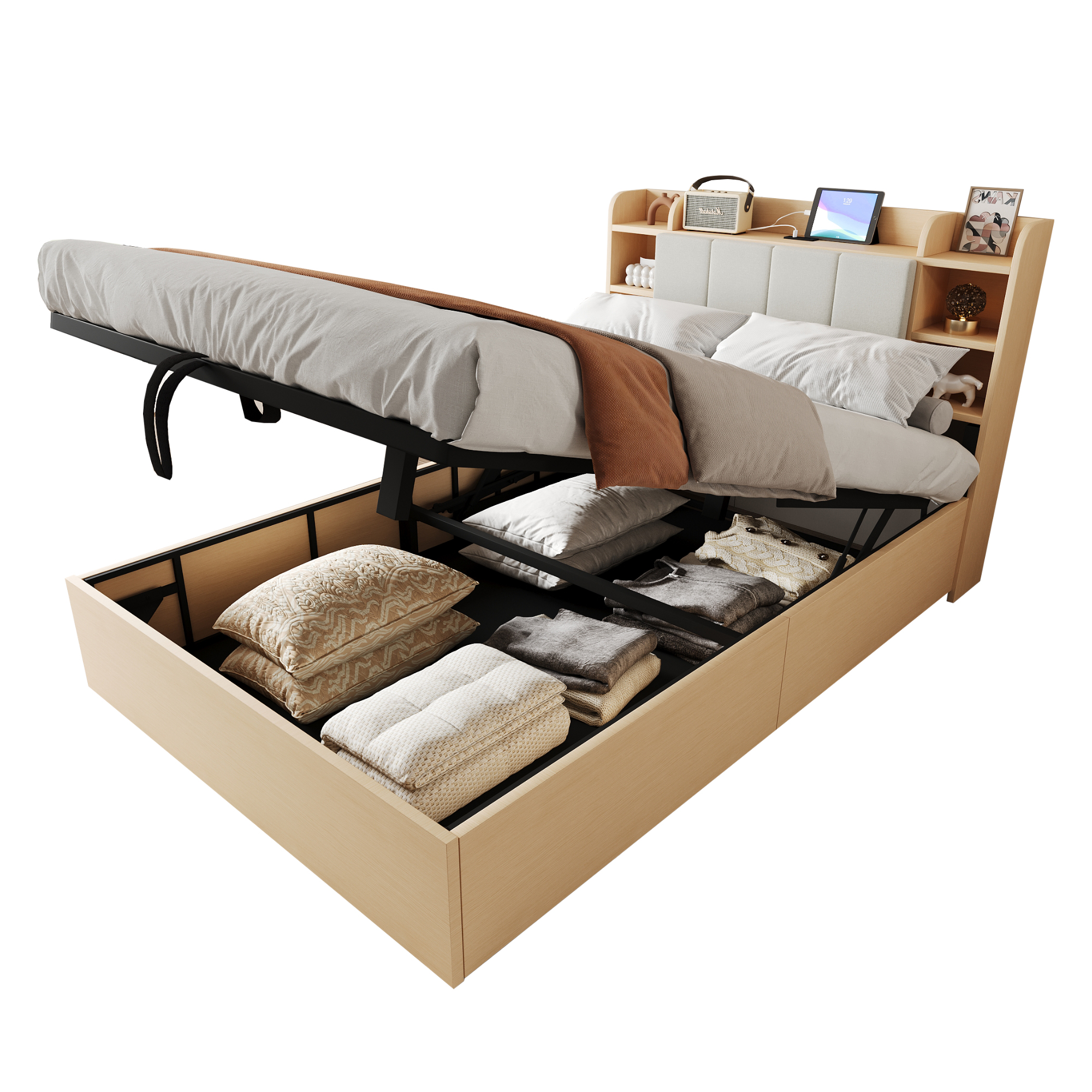 Lit coffre hydraulique 140 x 200 cm avec tête de lit à rangements, prises USB Type-C et structure MDF bois naturel en situation