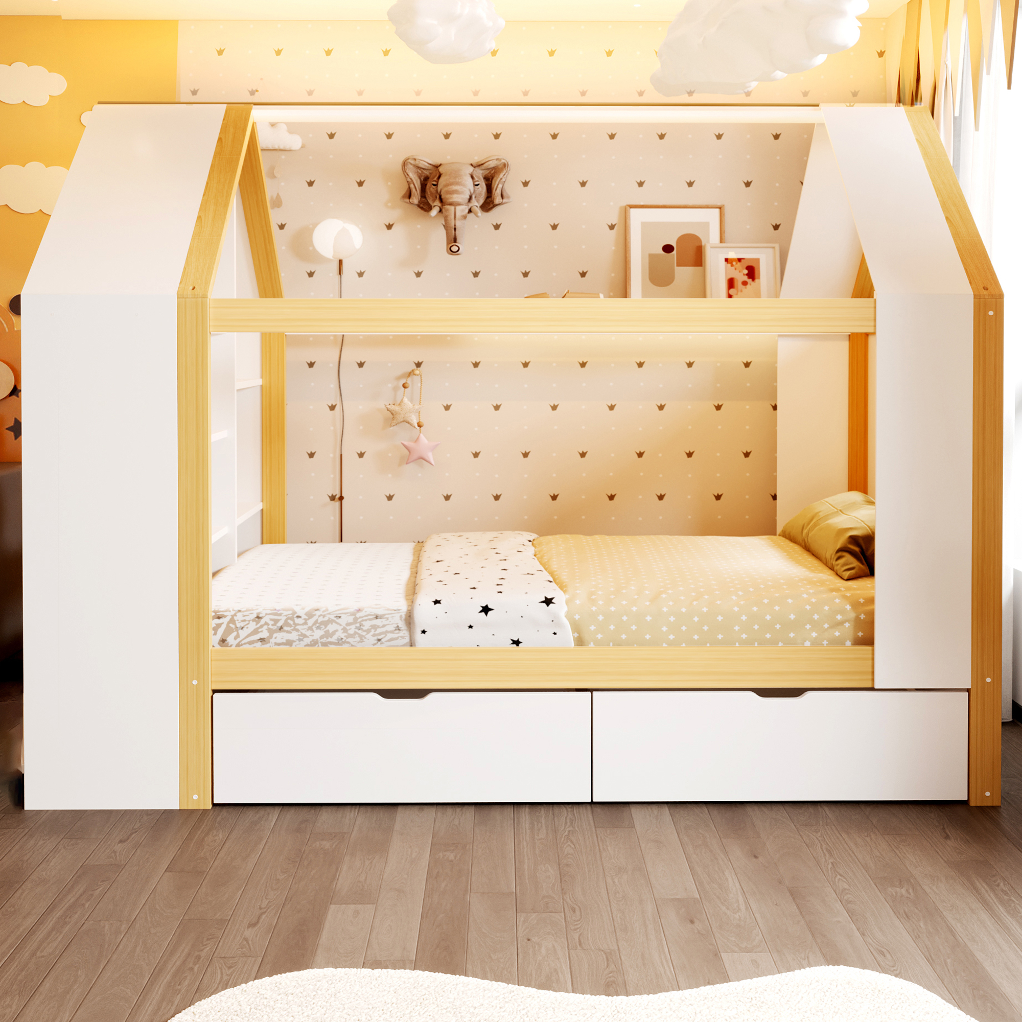 Lit cabane enfant 90 x 200 cm, 2 tiroirs, éclairage LED latéral, bois massif et MDF, blanc et effet bois naturel, 235 x 95 x 154,5 cm 🏠 - présentation 1