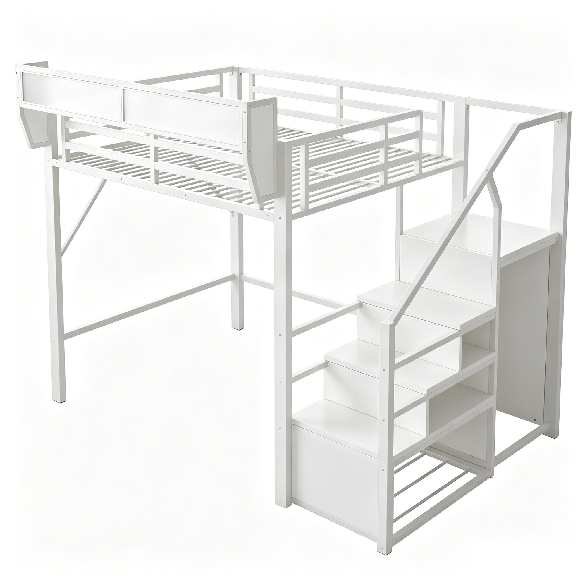 Lit mezzanine 140x200 cm avec LED, bureau, étagères et rangements, métal Blanc - spécifications 1