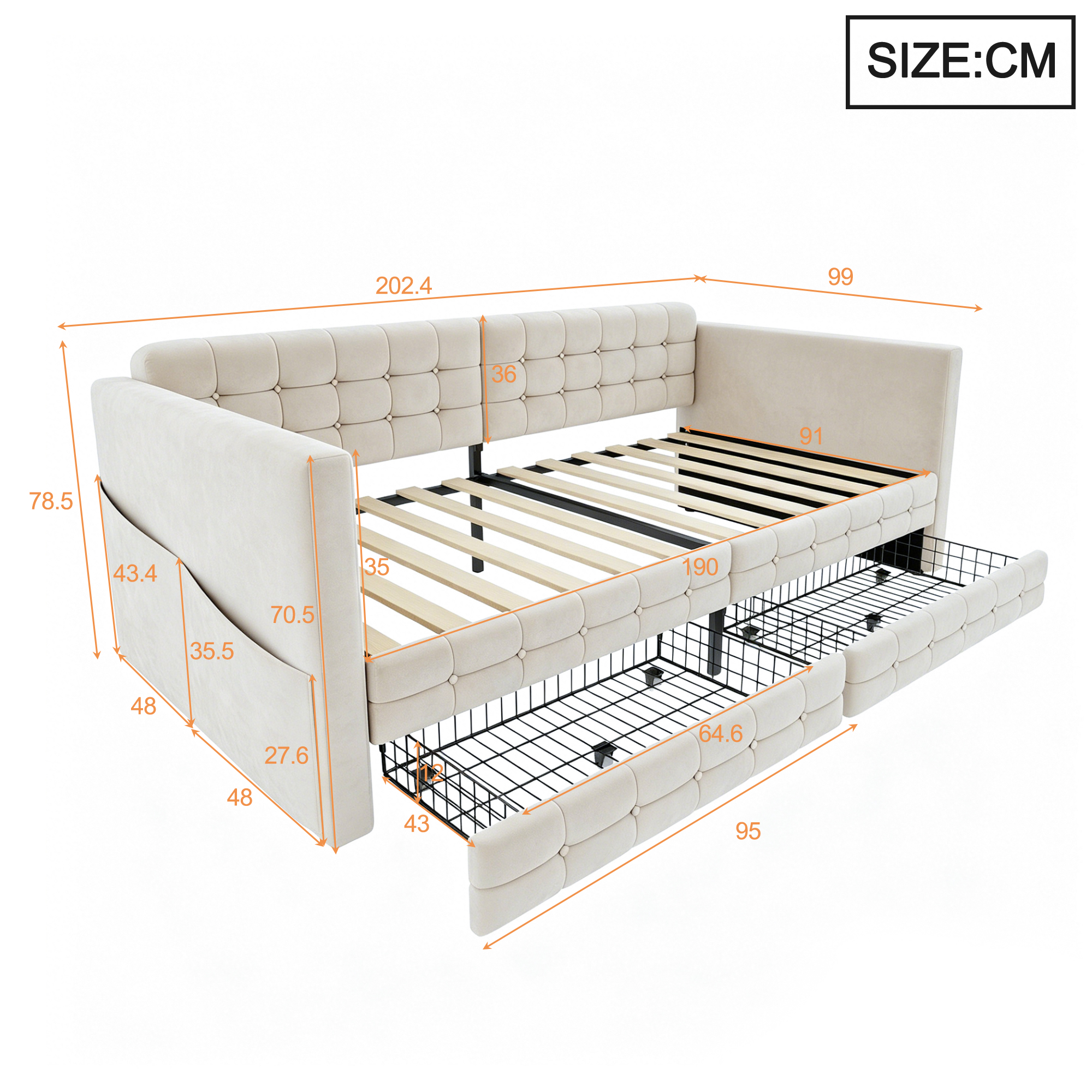 Détails du lit banquette 90x190 cm avec deux tiroirs de rangement