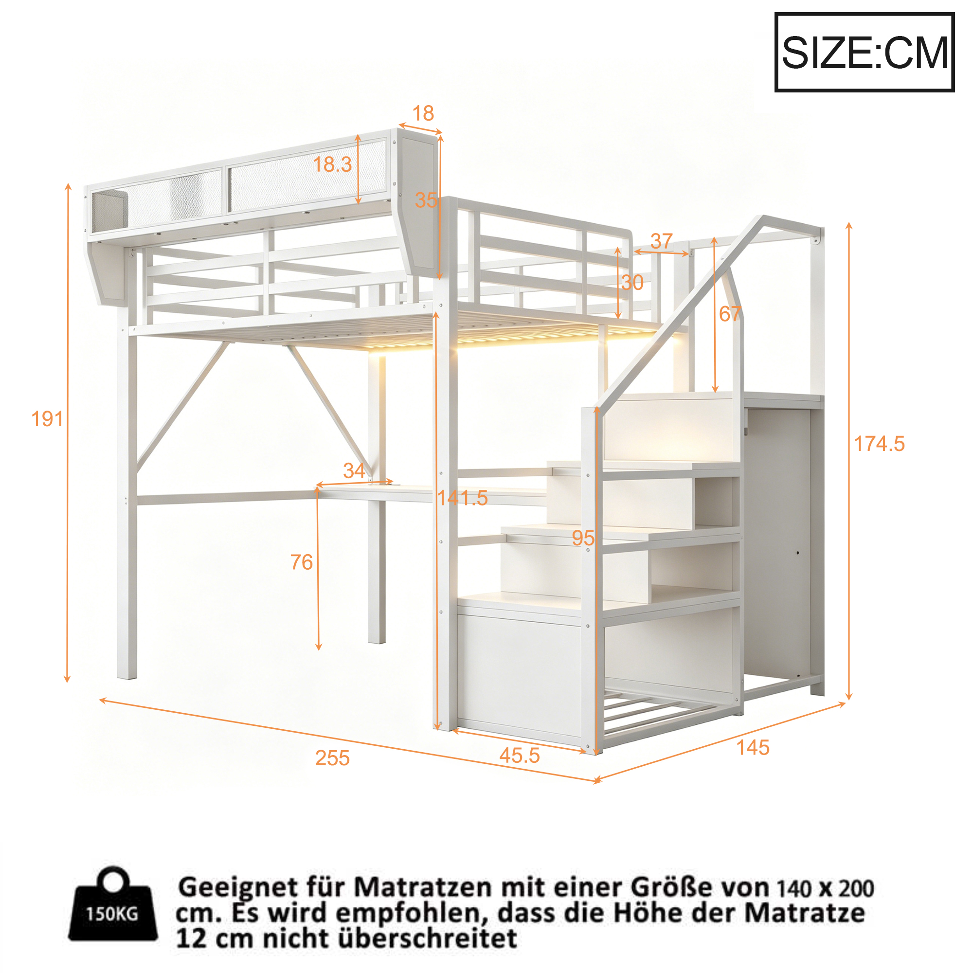 Lit mezzanine gain de place 255x145x191 cm en métal Blanc - vue complémentaire 1