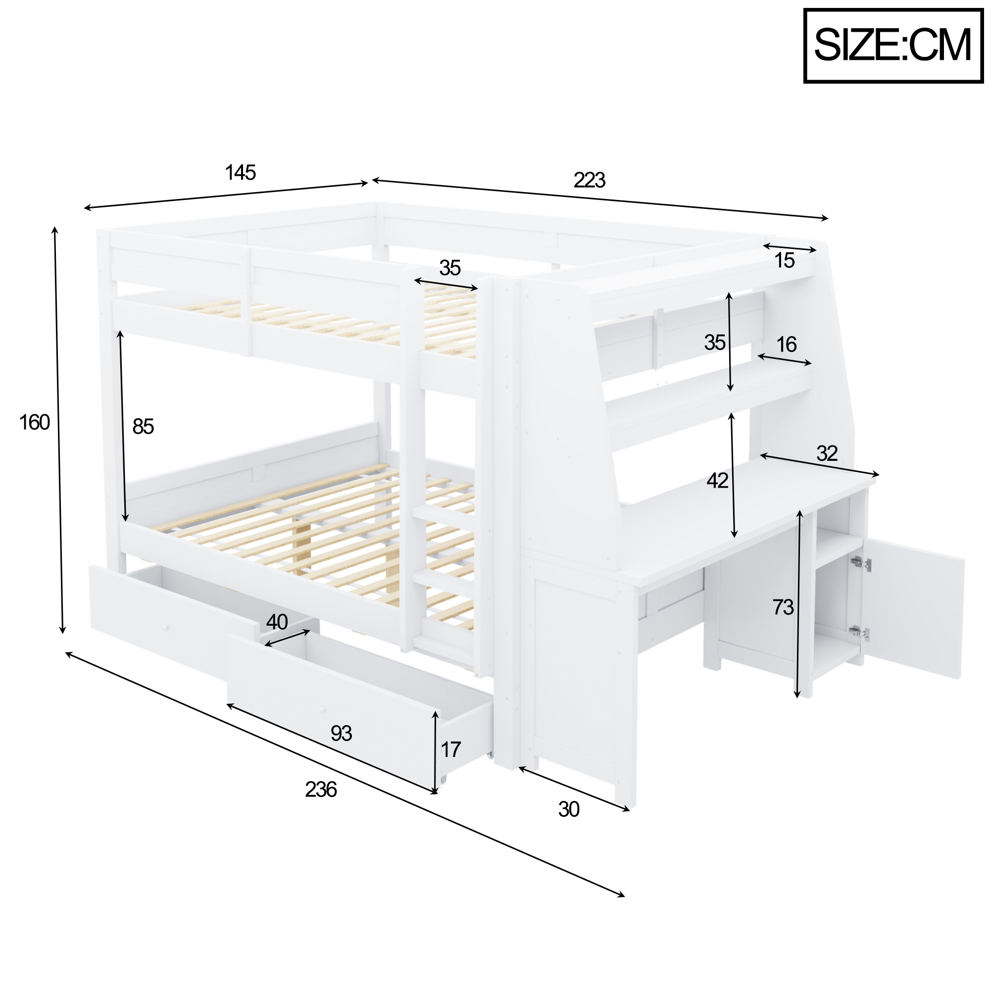 Dimensions et fonctions de Lit mezzanine en bois 140 x 200 cm avec bureau, tiroirs, rangements et barrières de sécurité, Blanc