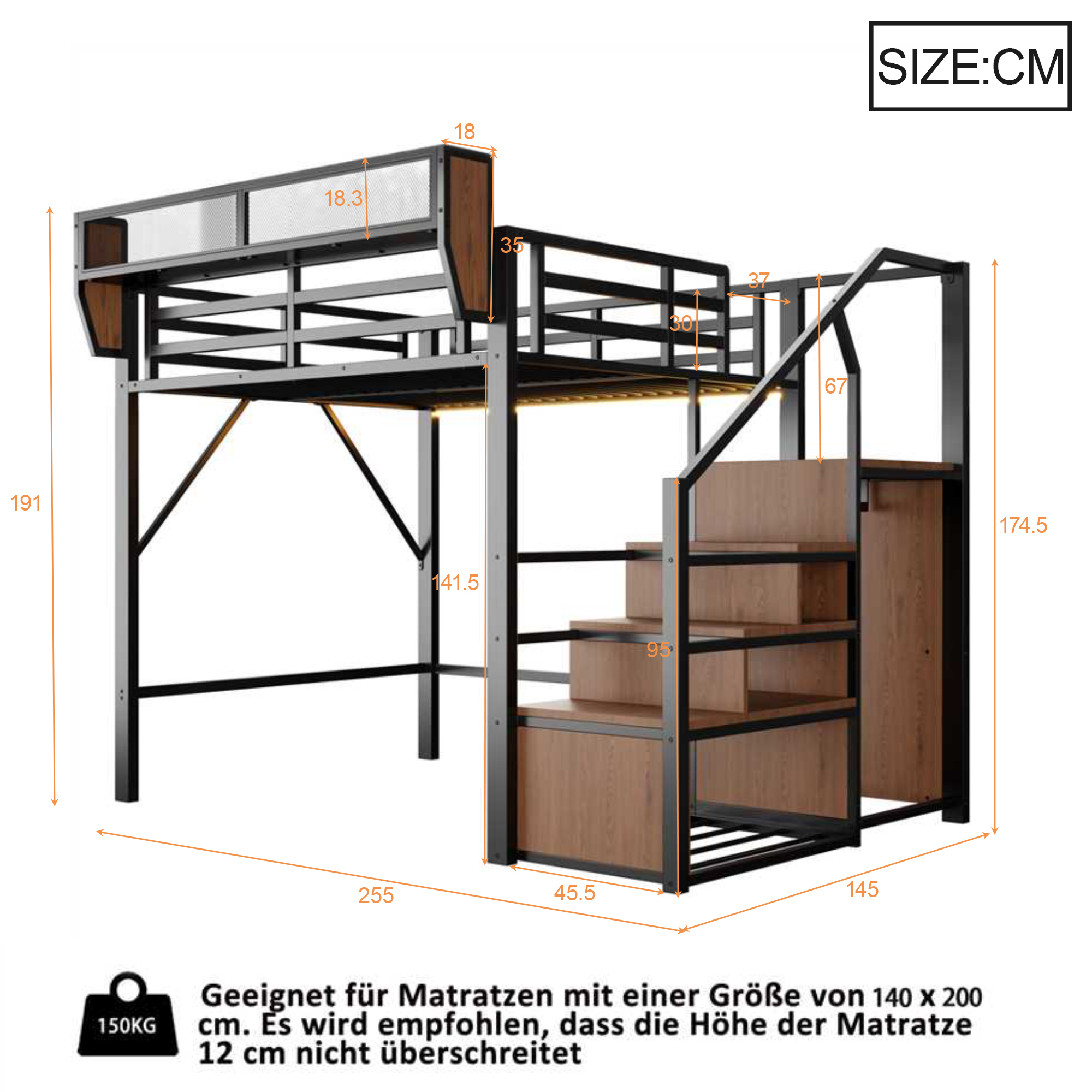 Lit mezzanine 140x200 cm avec LED, bureau, étagères et rangements, métal Noir - vue complémentaire 1