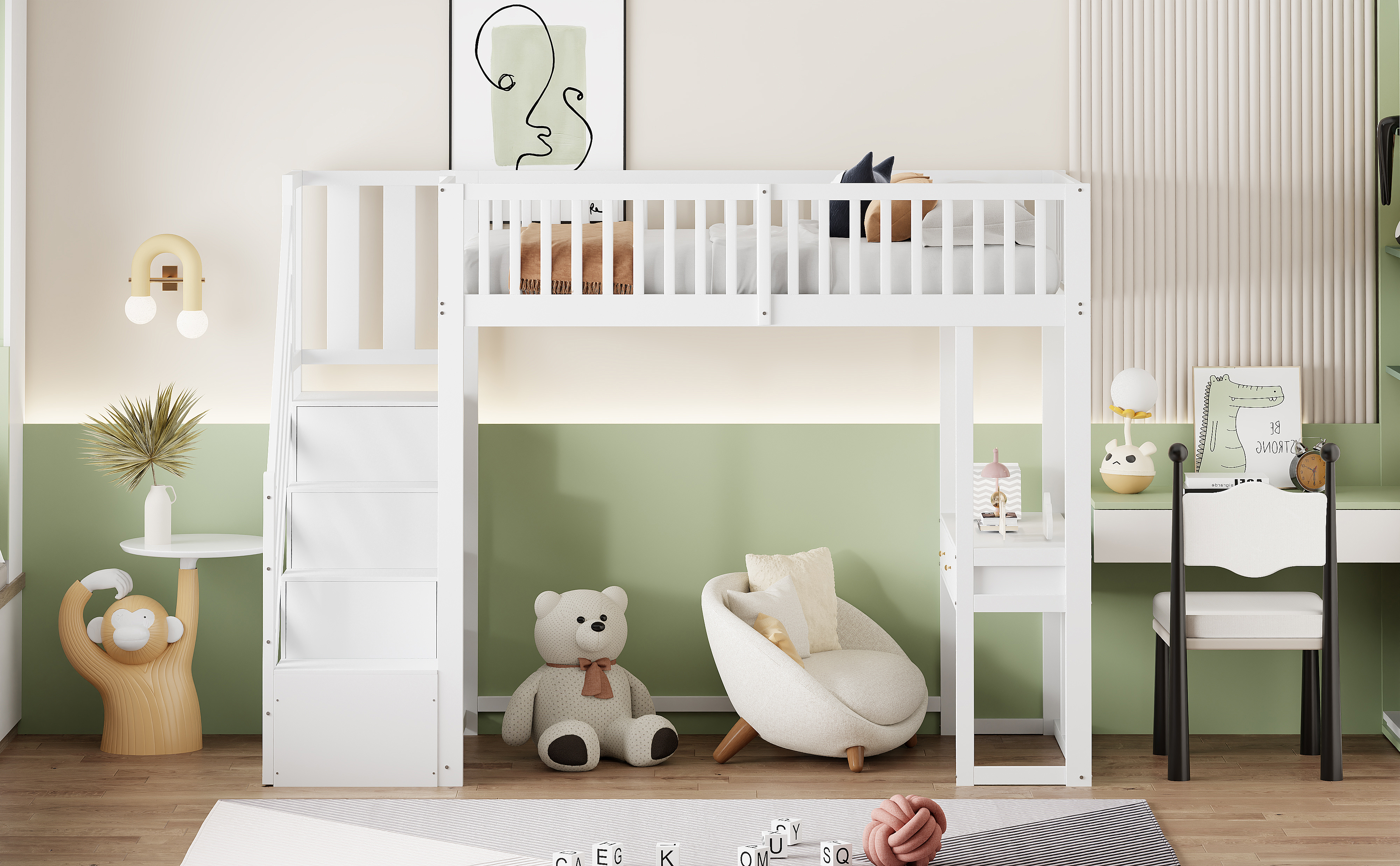 Lit mezzanine pin avec table multifonction (coiffeuse/ordinateur/travail), échelle-coffre sécurité, espace sous lit, pour enfant et adolescent, chambre et étude, gain de place, sécurité renforcée, stabilité, durabilité - image 13