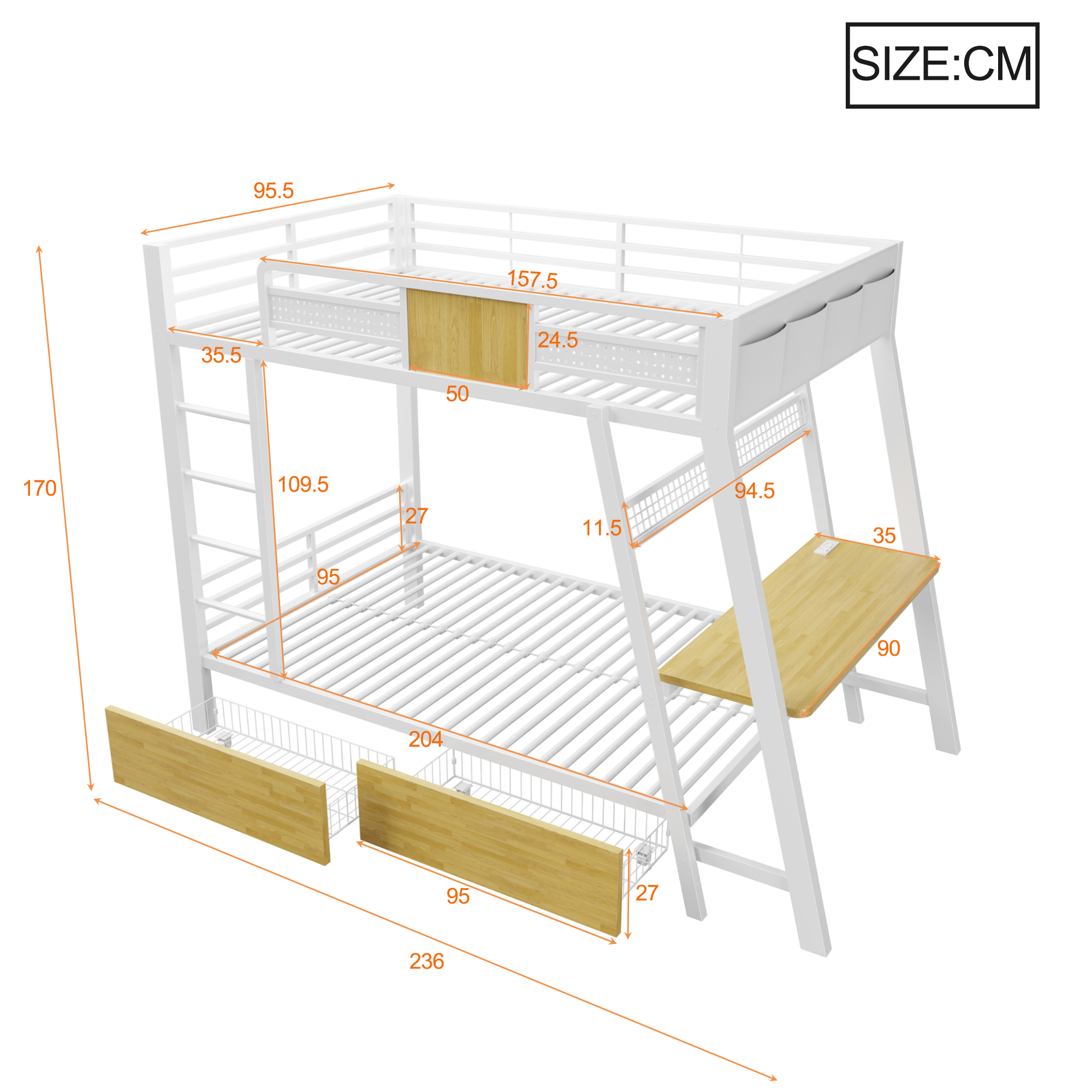 Lit superposé 90 x 200 cm, bureau intégré, échelle latérale, tiroirs de rangement, éclairage LED au niveau du bureau, métal et MDF, blanc, 236 x 95,5 x 170 cm 🛏️🪜 - vue complémentaire 1