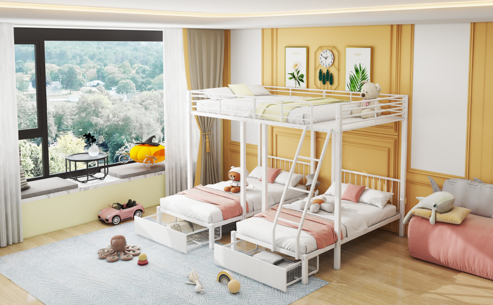 Lit triple 140×200 + 2×90×200 cm avec 2 tiroirs escamotables, divisible en 3 lits séparés, pour famille et invités, gain de place vertical, beaucoup de couchages, design polyvalent, stabilité, fonctionnalité - image 8