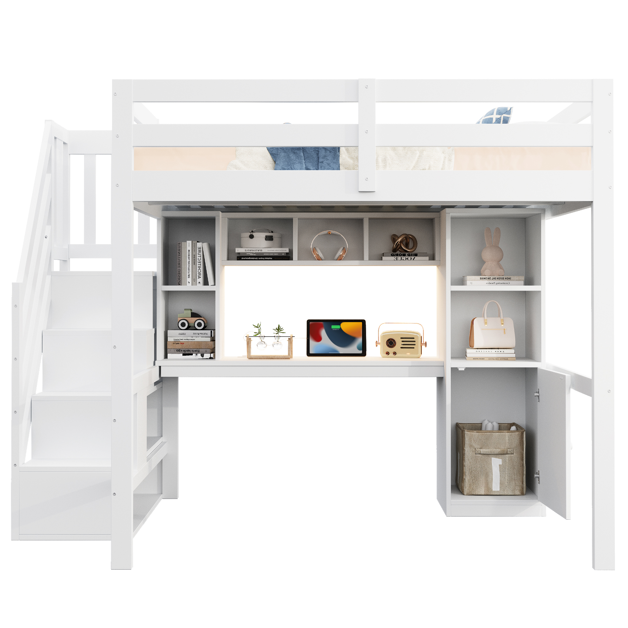Lit mezzanine 140 x 200 cm, bureau intégré, escalier de rangement, éclairage LED au niveau du bureau, prise intégrée, bois de pin, blanc, 253 x 148 x 170 cm - présentation 1