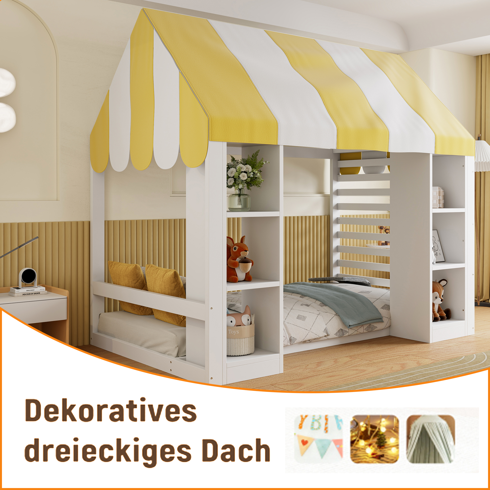 Lit cabane enfant 90 x 200 cm, 2 armoires, baldaquin, métal, blanc, 204,5 x 118,7 x 188 cm 🏠 - points forts 1