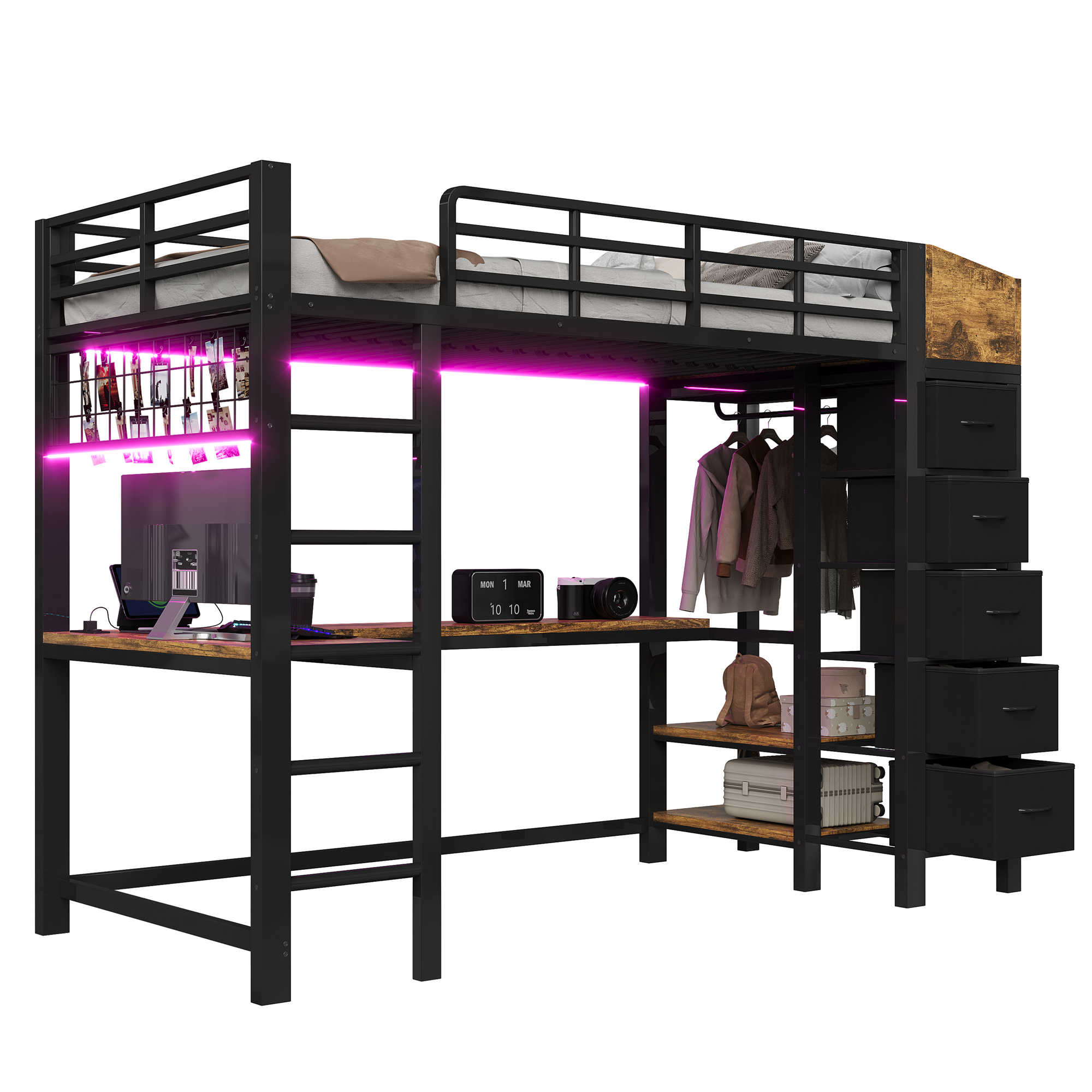 Lit mezzanine 90 x 200 cm, bureau intégré, échelle latérale, penderie intégrée, 5 tiroirs, métal et MDF, noir, 231 x 95 x 170 cm - présentation 1