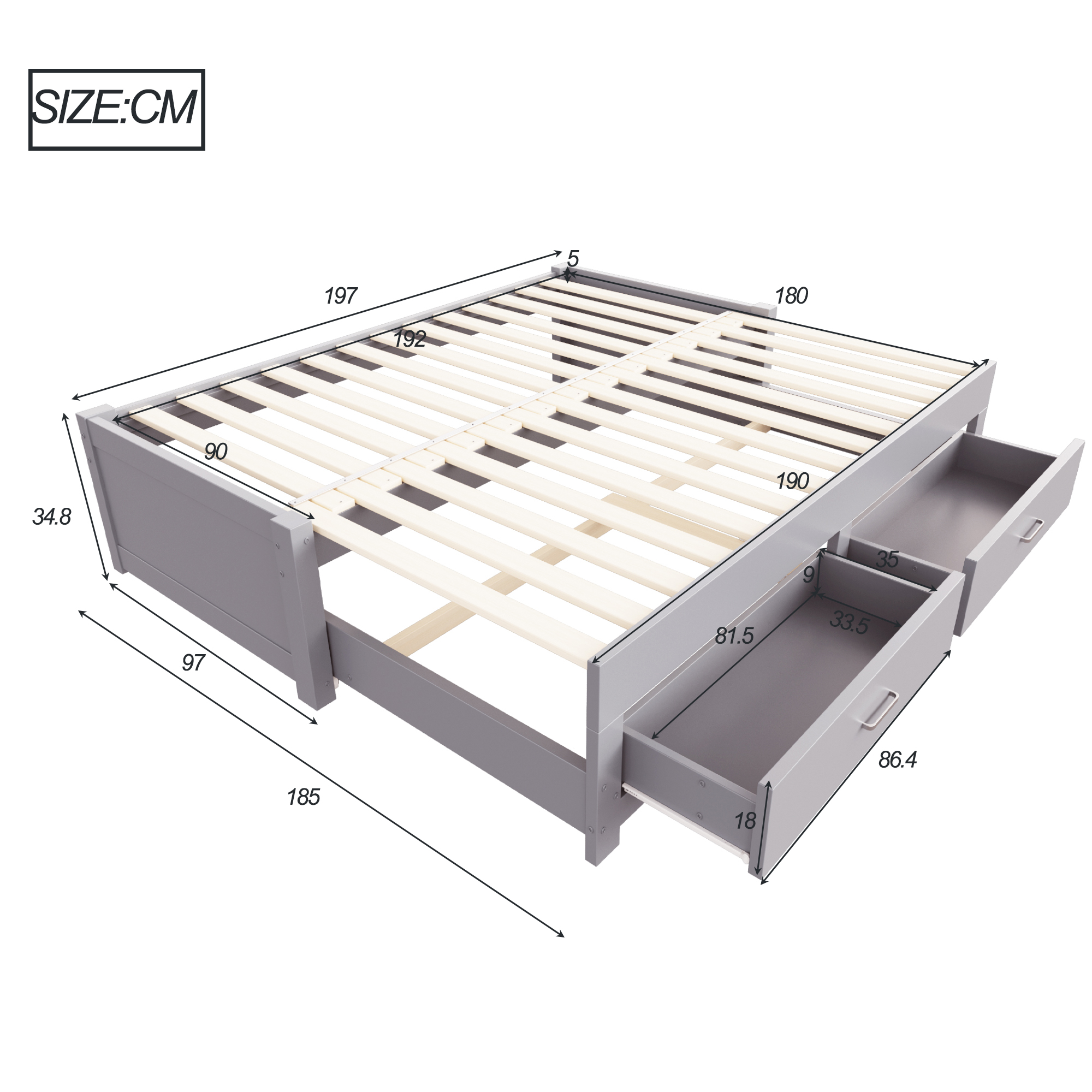 Lit banquette / lit gigogne 90 x 190 cm avec éclairage LED, rangements intégrés, fonction extensible, gris - vue complémentaire 1
