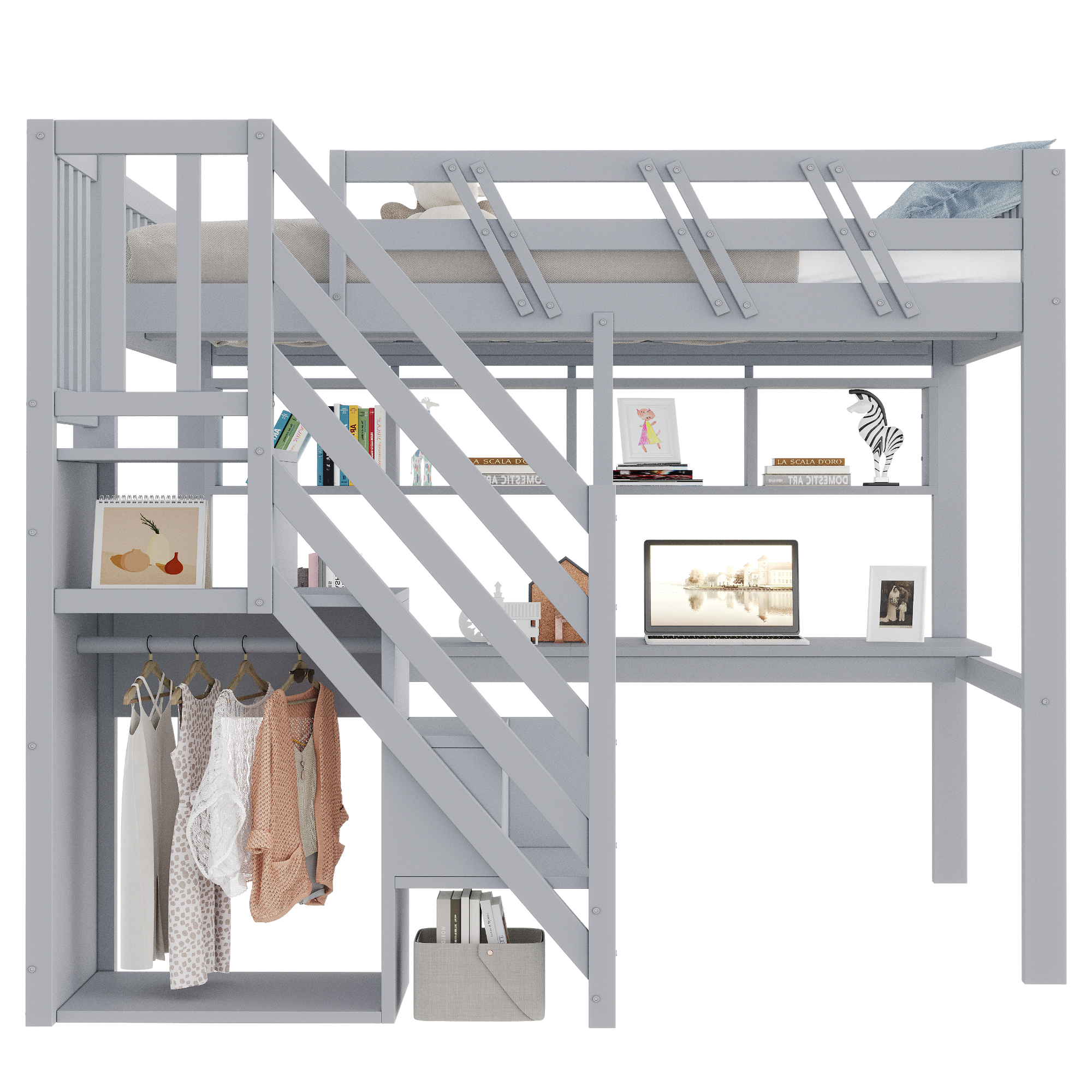 Lit enfant 140 x 200 cm avec bureau, LED, ports de charge, rangements, bois, Gris - dimensions et détails